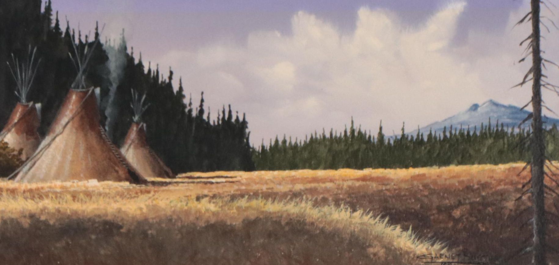 Garnet Buster Native American Encampment Landscape Watercolor Painting, 1980