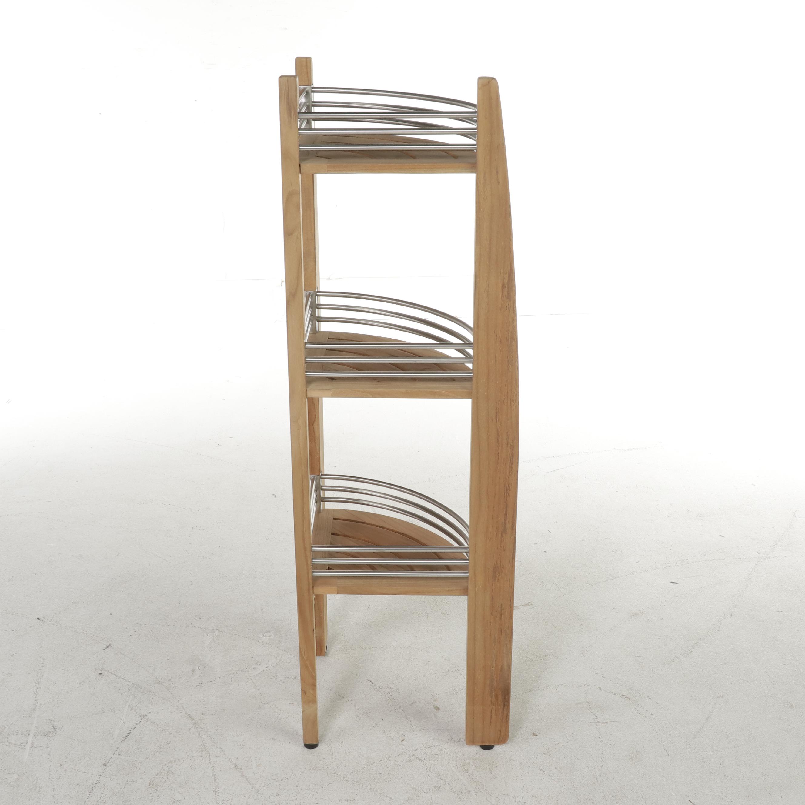 Frontgate Teak and Stainless Steel Three-Tier Corner Bathroom Shelf