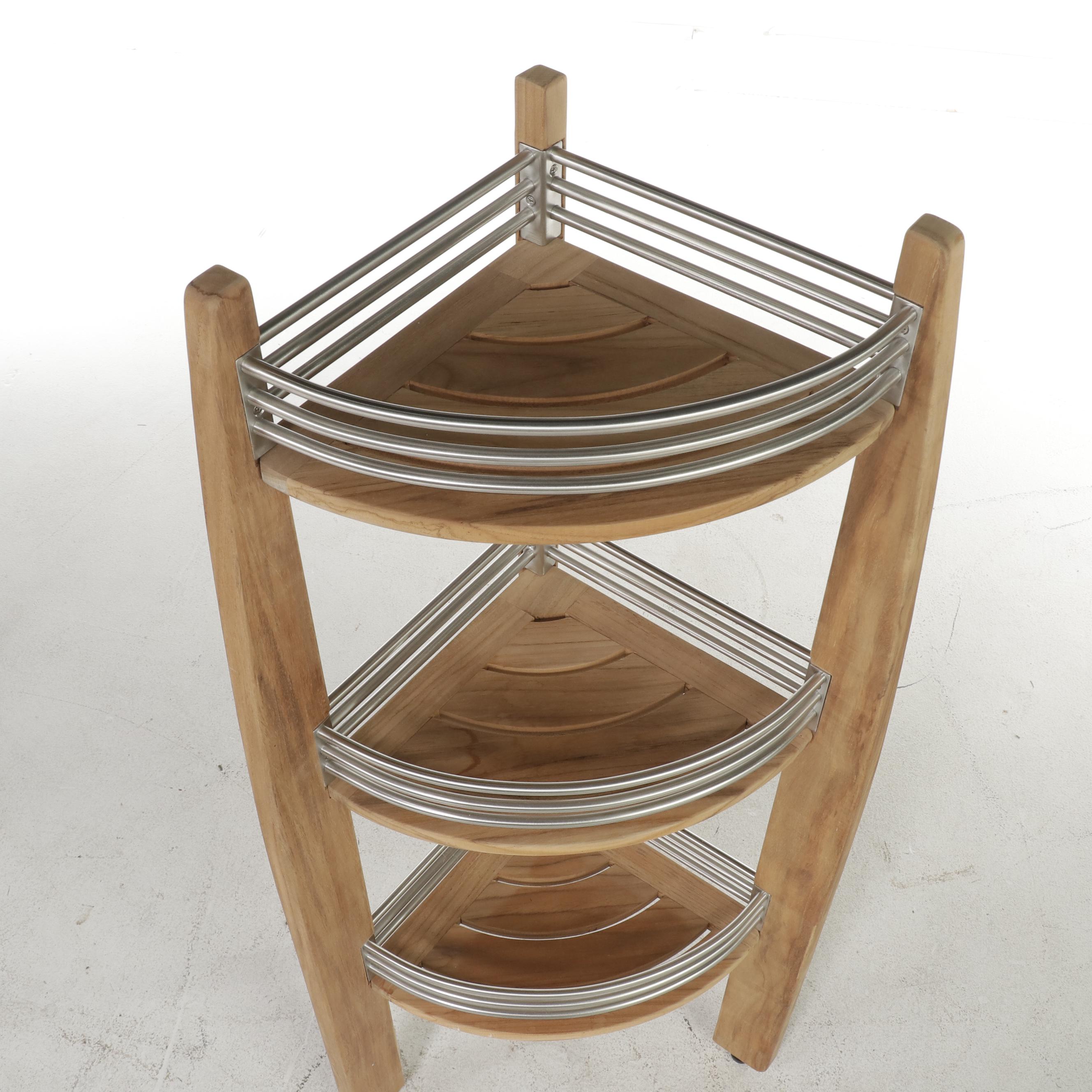 Frontgate Teak and Stainless Steel Three-Tier Corner Bathroom Shelf