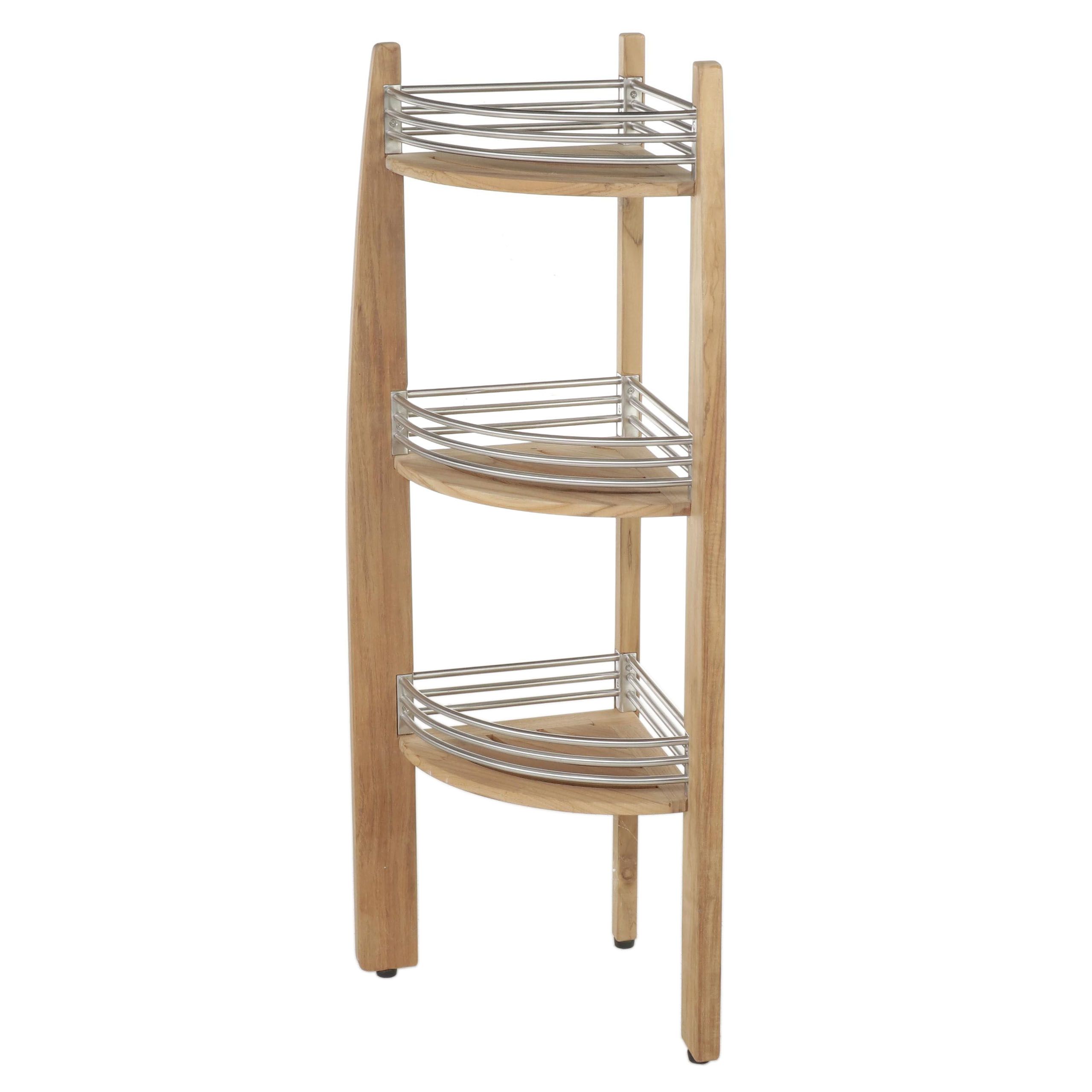 Frontgate Teak and Stainless Steel Three-Tier Corner Bathroom Shelf