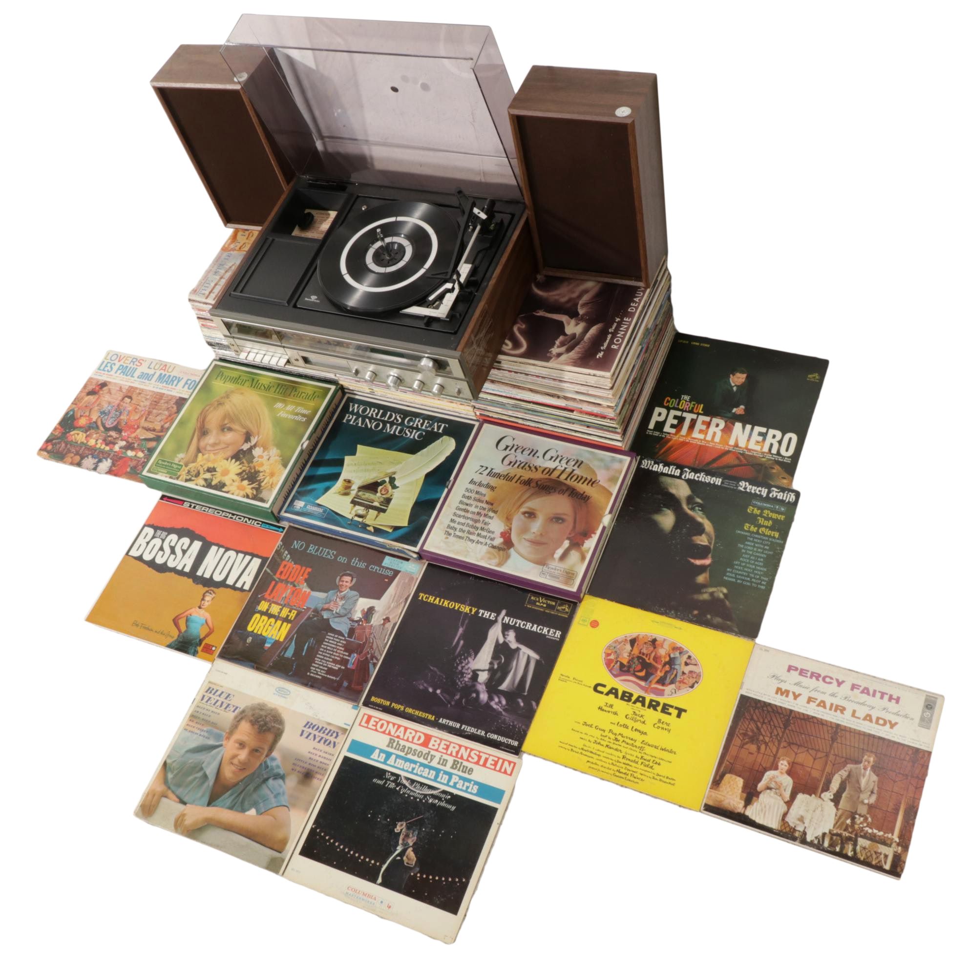 Sears Turntable With Speakers, Soundtrack and Vocal LP and Singles Vinyl Records