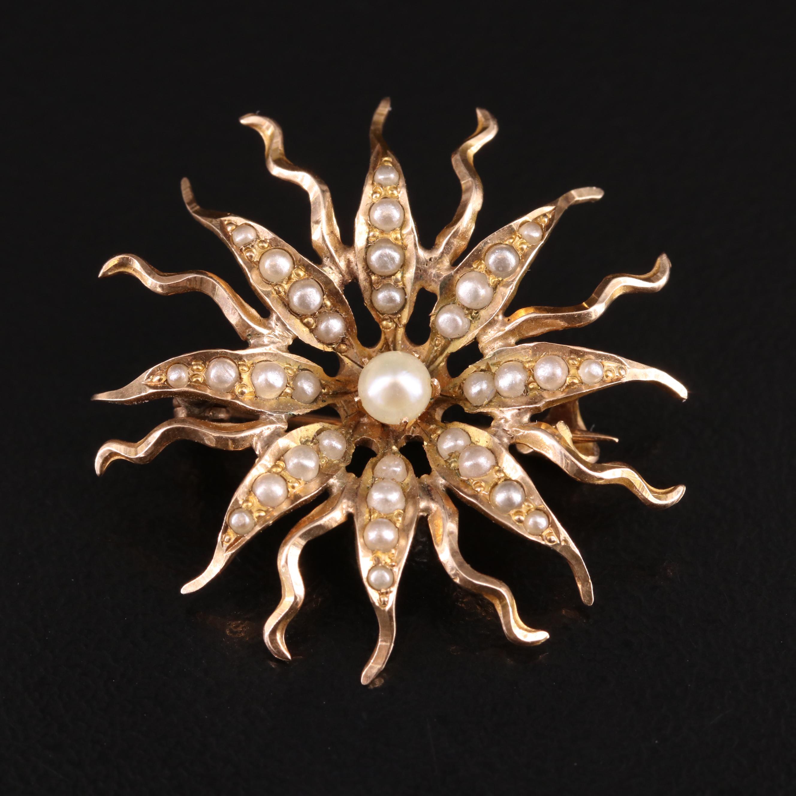 Antique 14K Seed Pearl Sunburst Pin