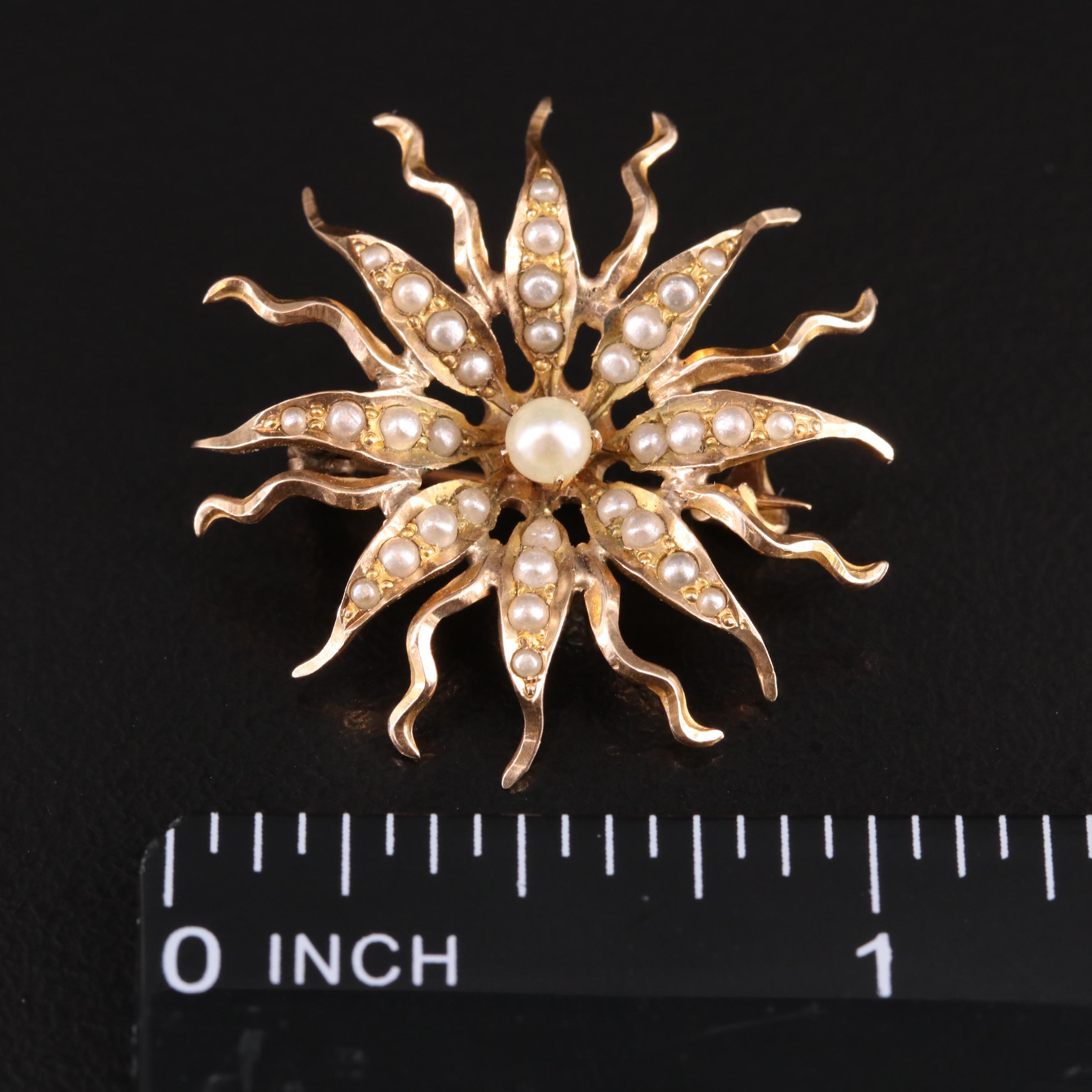 Antique 14K Seed Pearl Sunburst Pin
