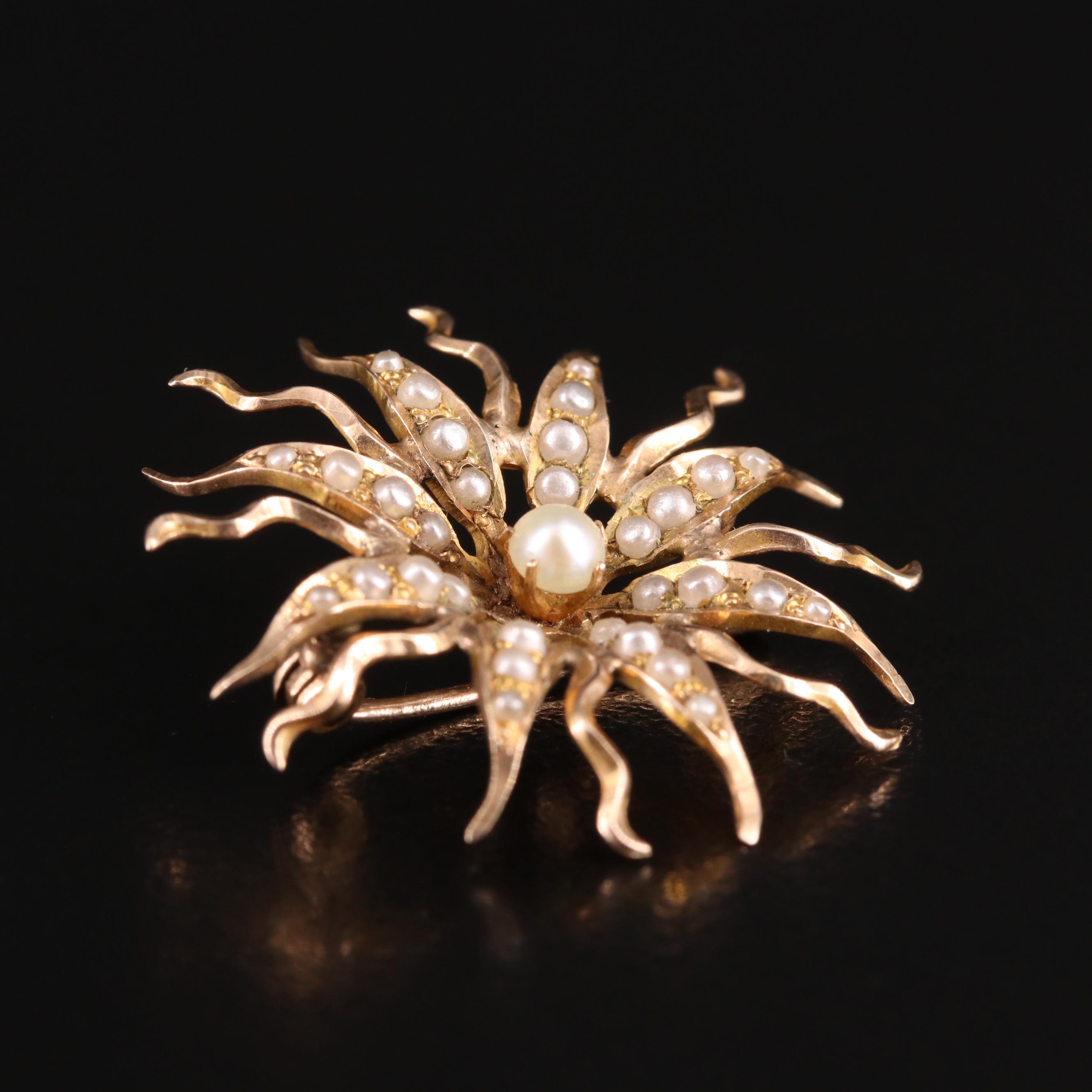 Antique 14K Seed Pearl Sunburst Pin