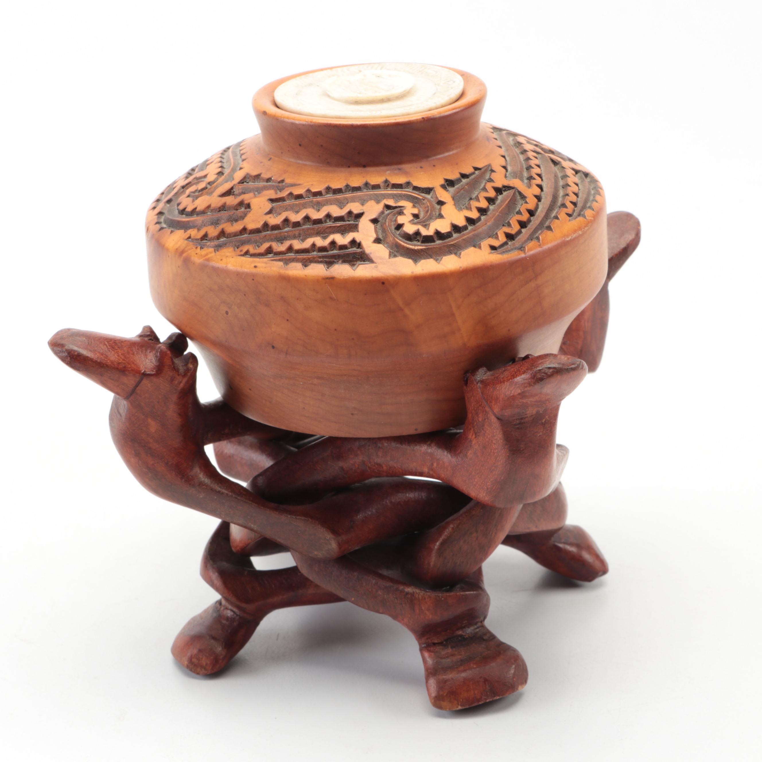 Navajo Sgraffito Polychrome Terracotta Vase with Maori Totara Wood Carved Jar