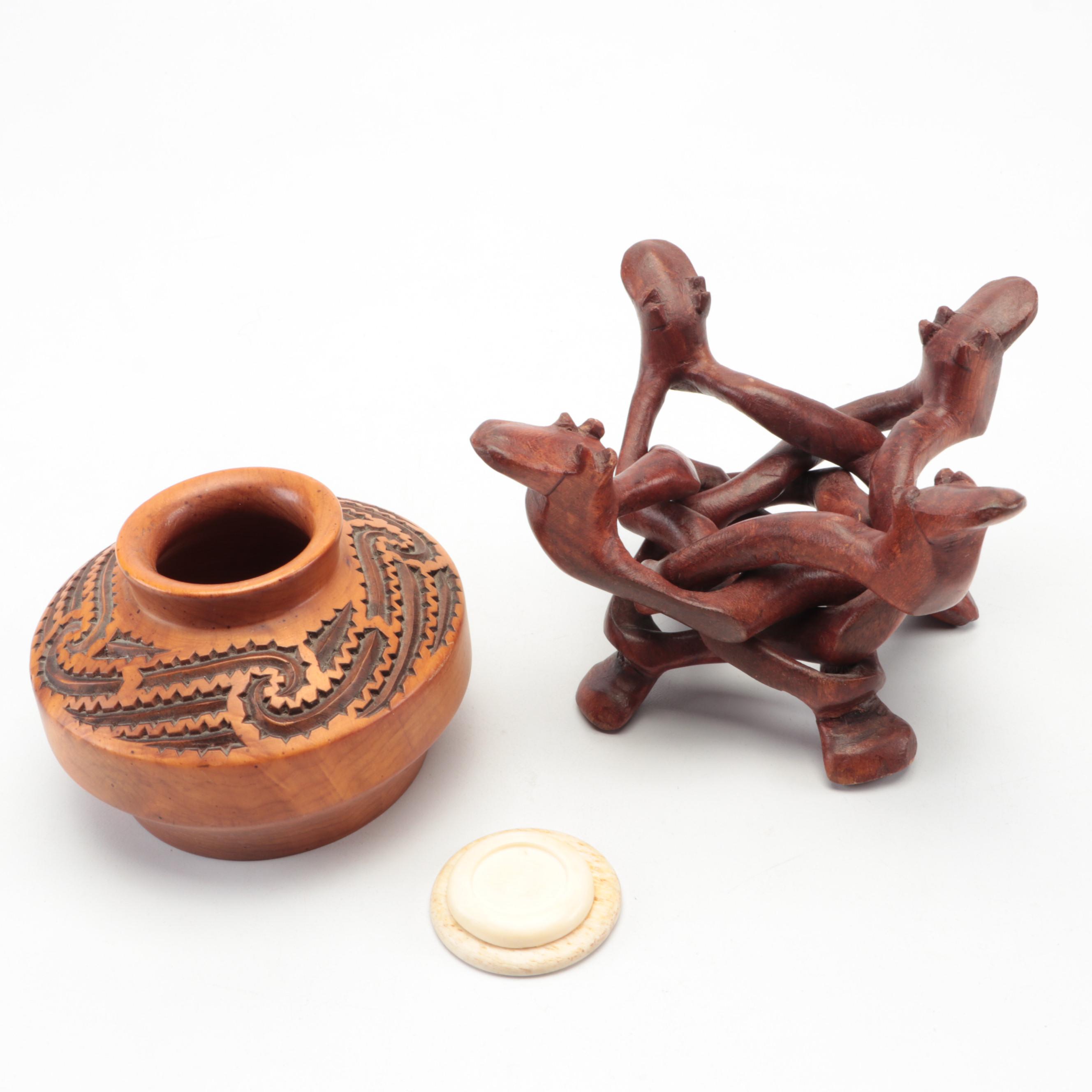 Navajo Sgraffito Polychrome Terracotta Vase with Maori Totara Wood Carved Jar