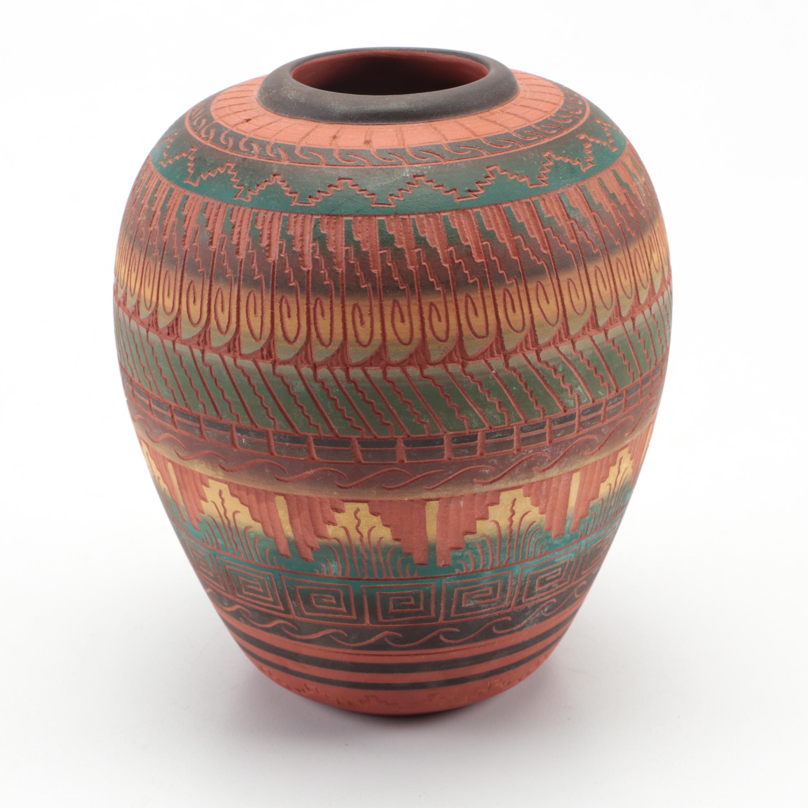 Navajo Sgraffito Polychrome Terracotta Vase with Maori Totara Wood Carved Jar