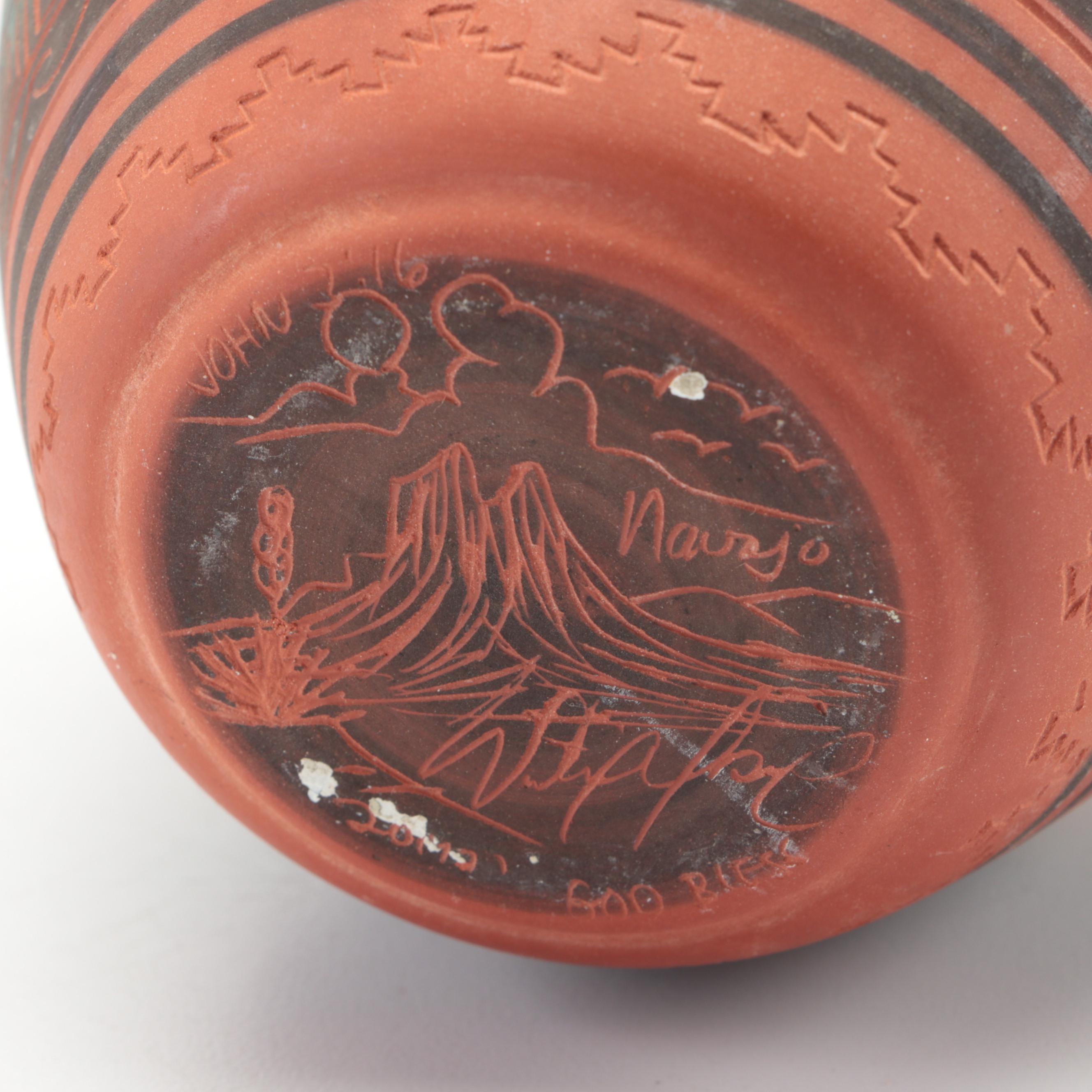 Navajo Sgraffito Polychrome Terracotta Vase with Maori Totara Wood Carved Jar