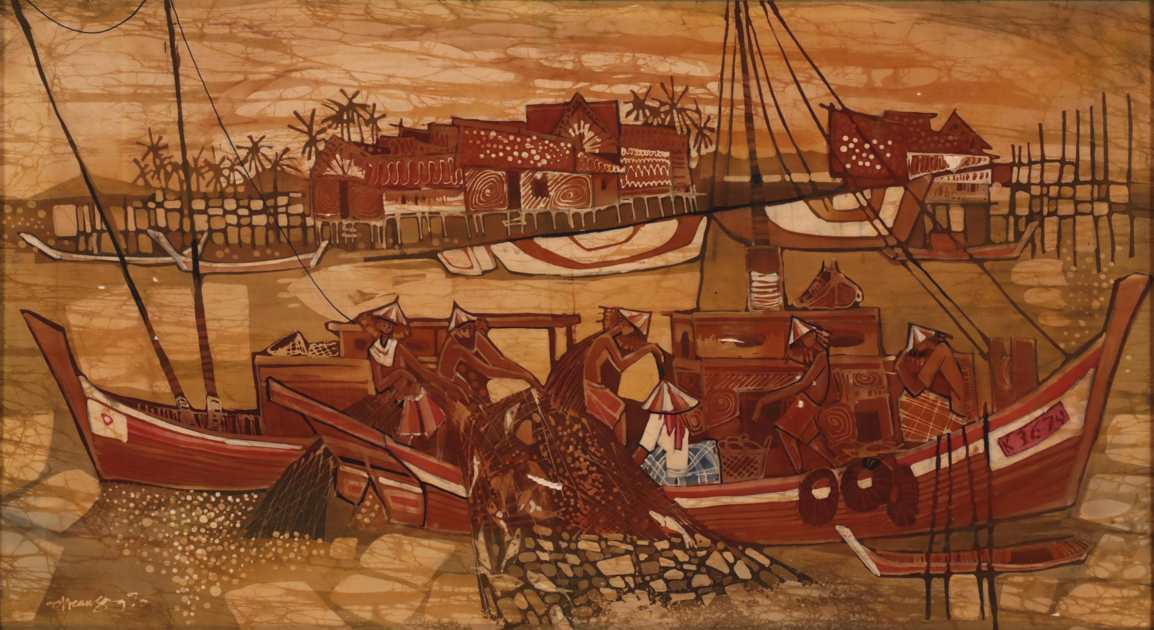 Southeast Asian Batik of Figures In Boats