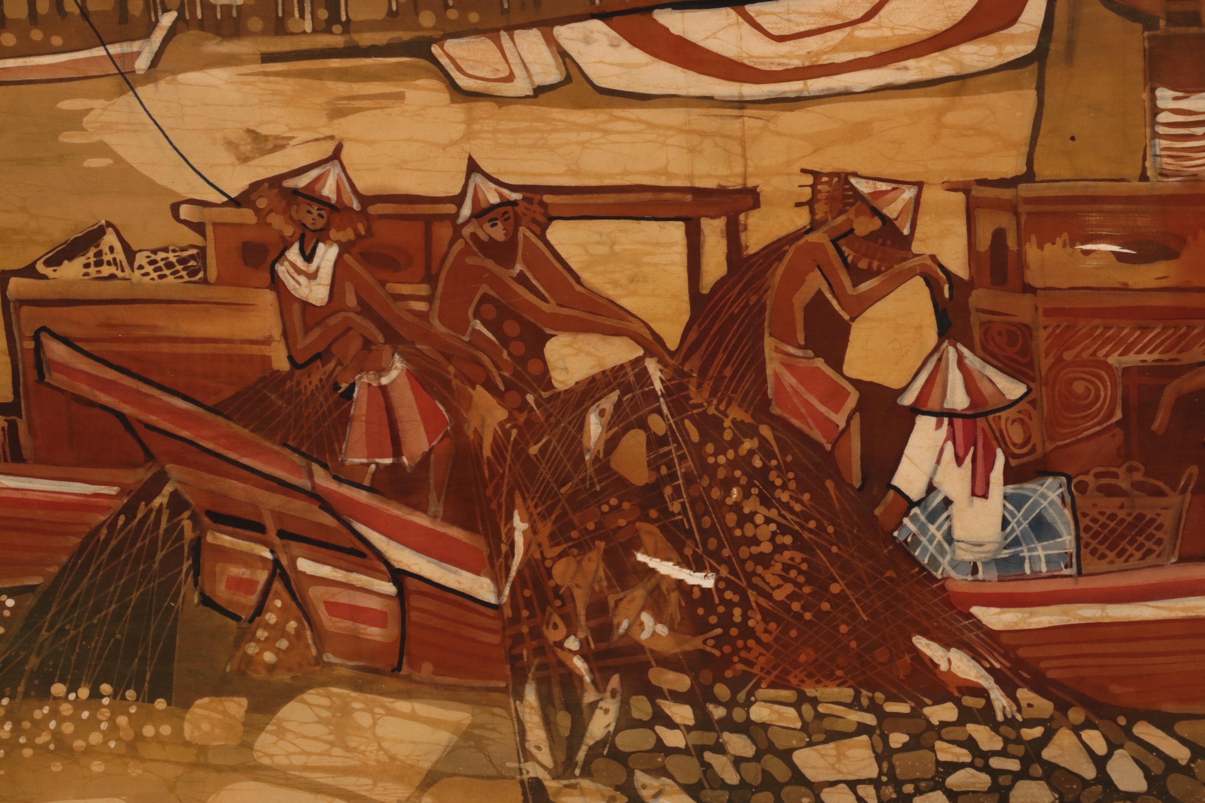 Southeast Asian Batik of Figures In Boats
