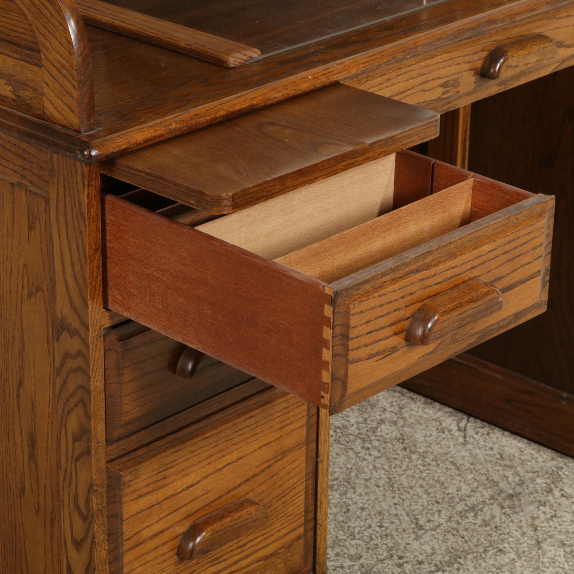 Oak Roll Top Desk and Chair on Casters