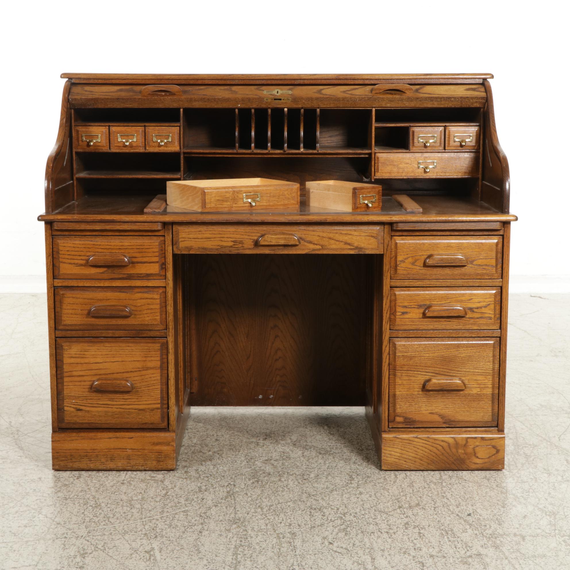 Oak Roll Top Desk and Chair on Casters