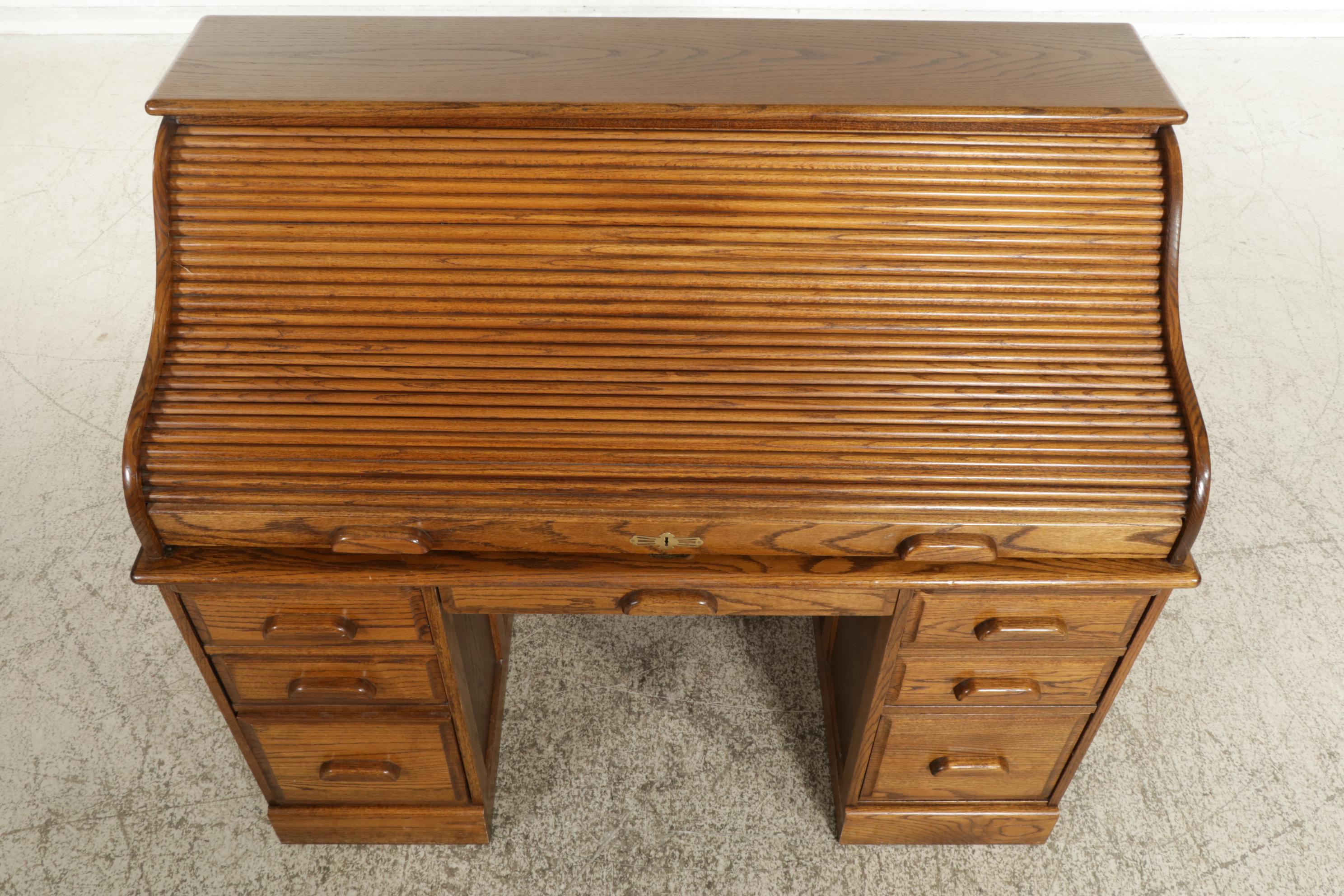 Oak Roll Top Desk and Chair on Casters