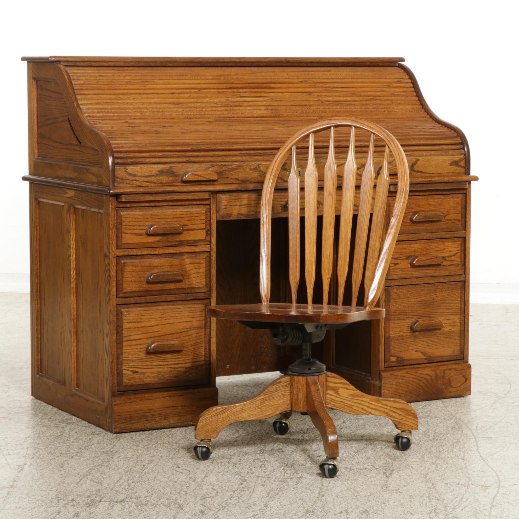 Oak Roll Top Desk and Chair on Casters