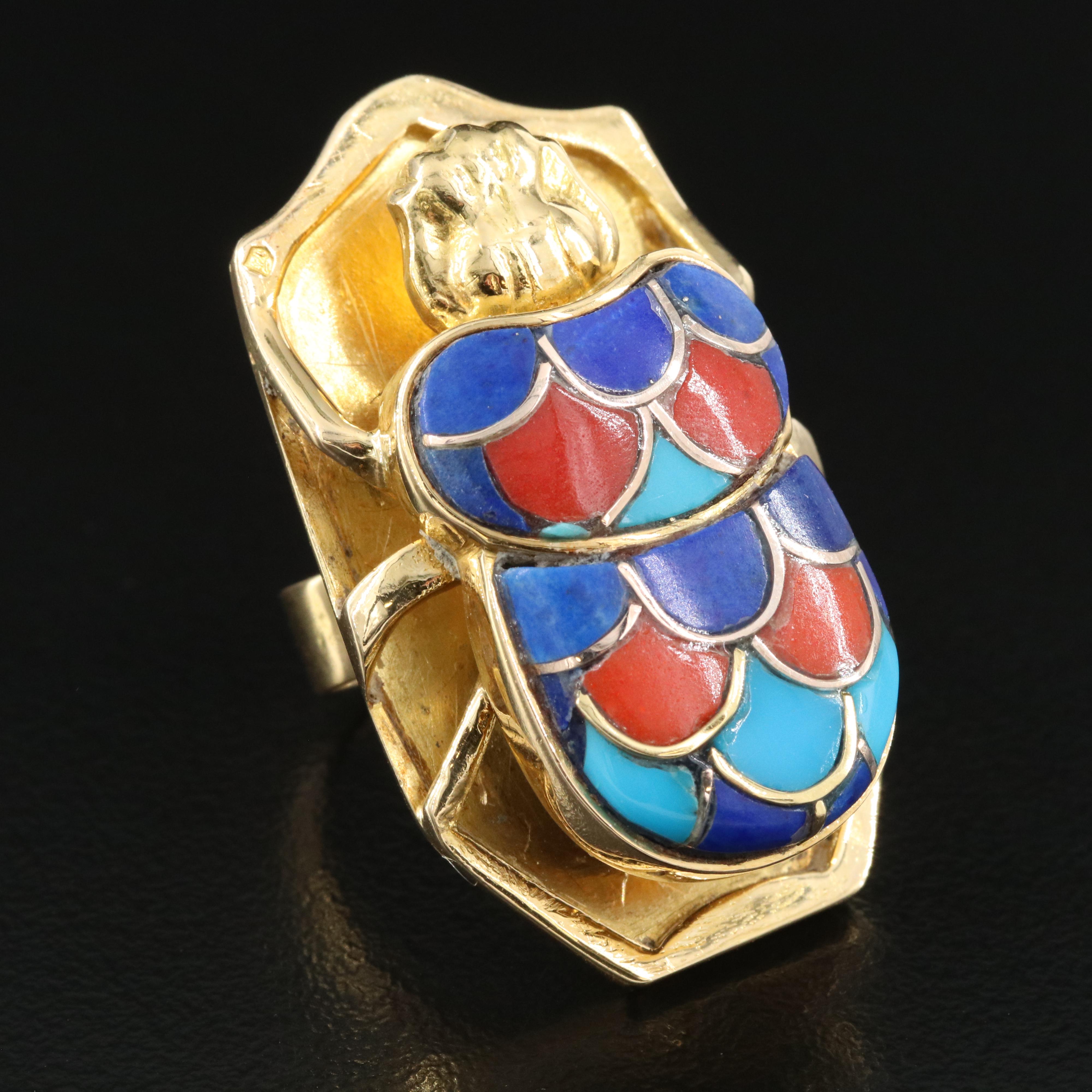 18K Lapis Lazuli and Turquoise Scarab Ring