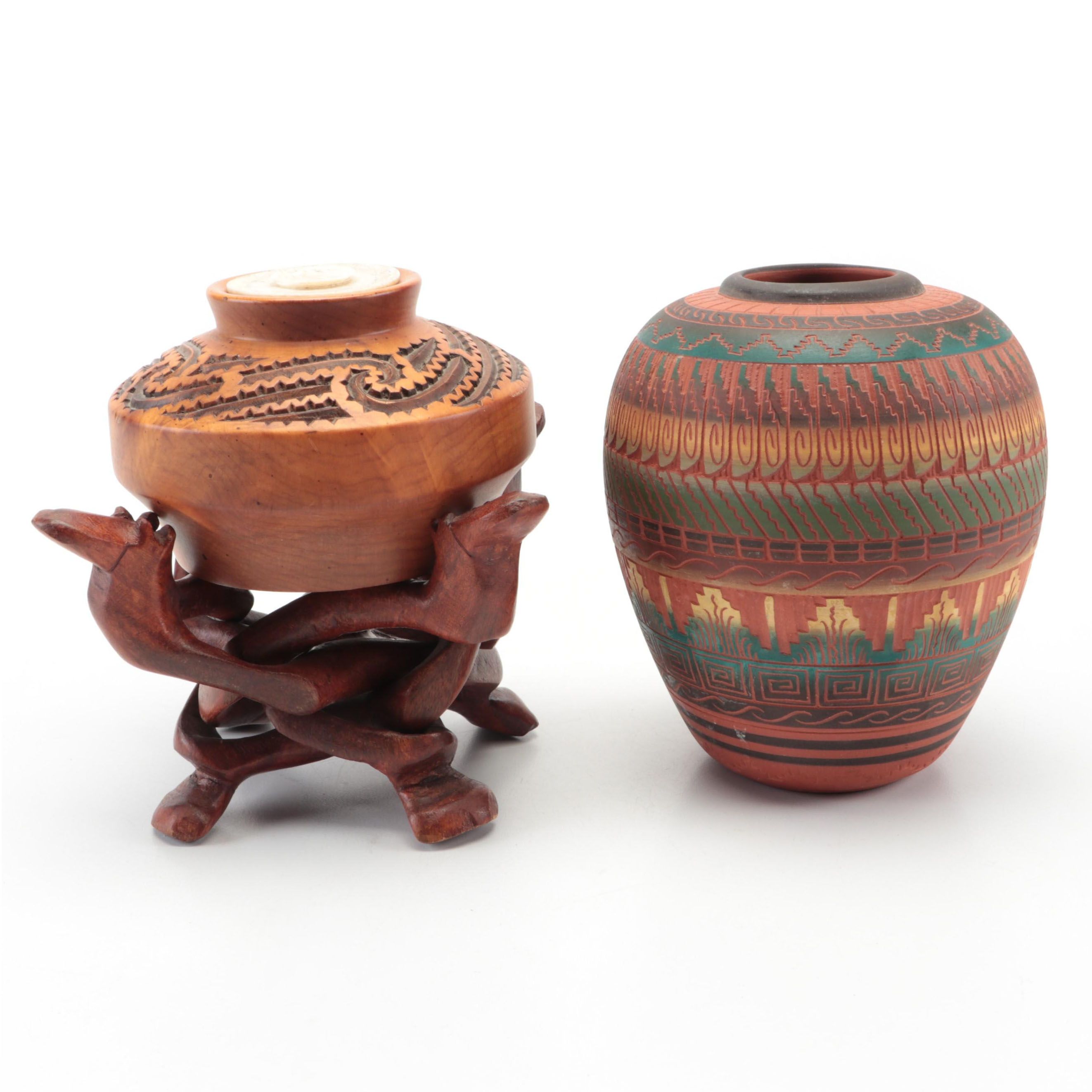 Navajo Sgraffito Polychrome Terracotta Vase with Maori Totara Wood Carved Jar