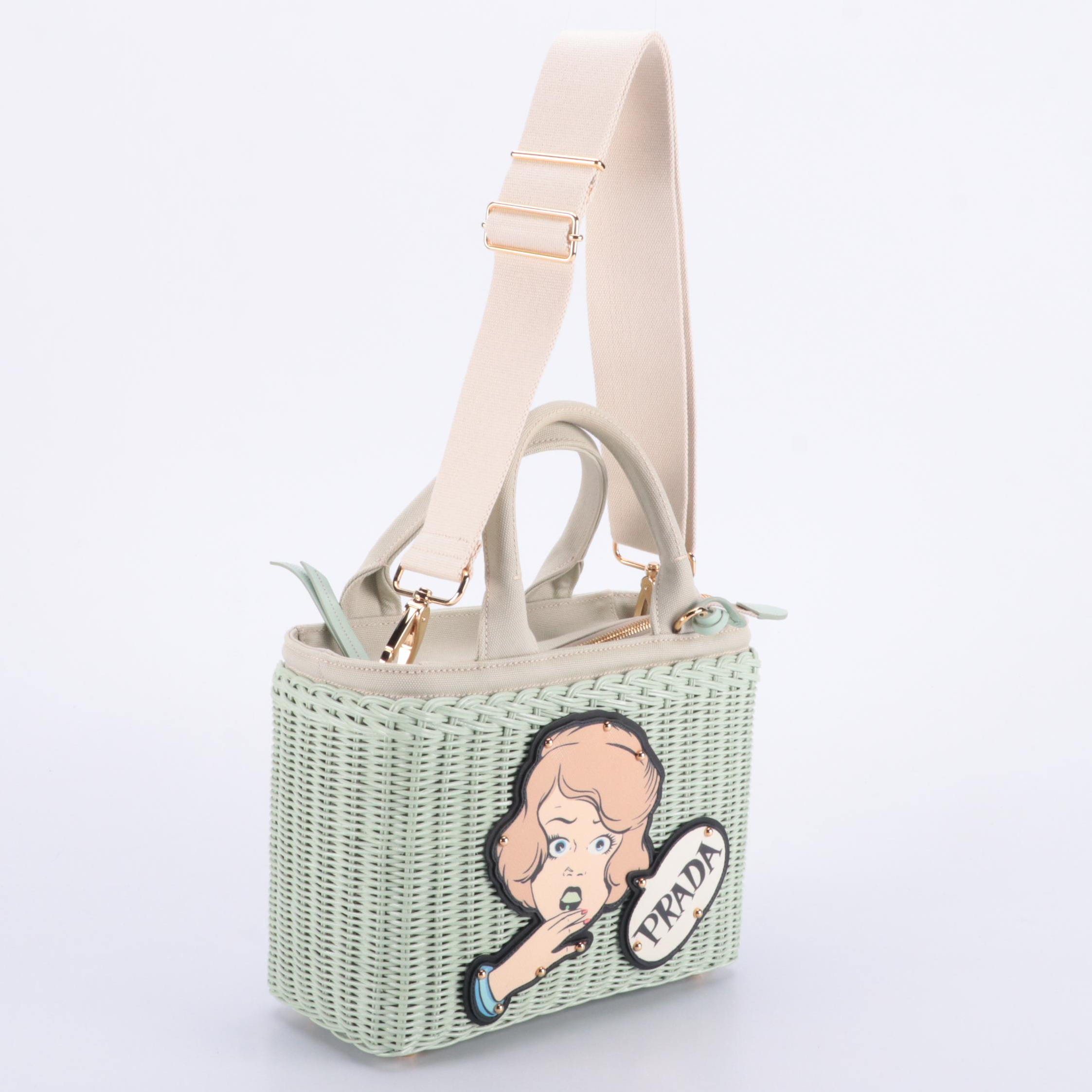 Prada Comic Wicker Basket Bag with Canapa and Applique