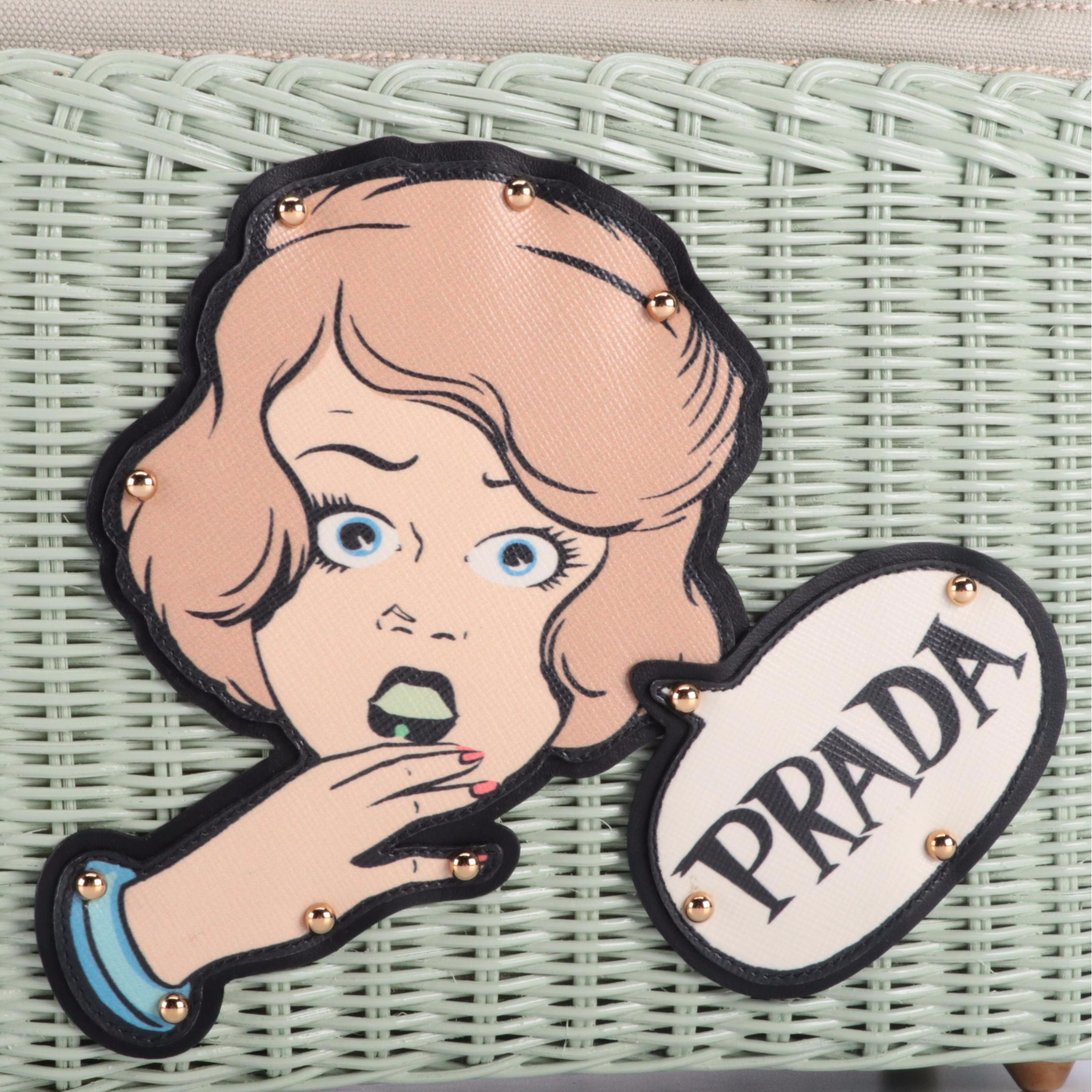 Prada Comic Wicker Basket Bag with Canapa and Applique