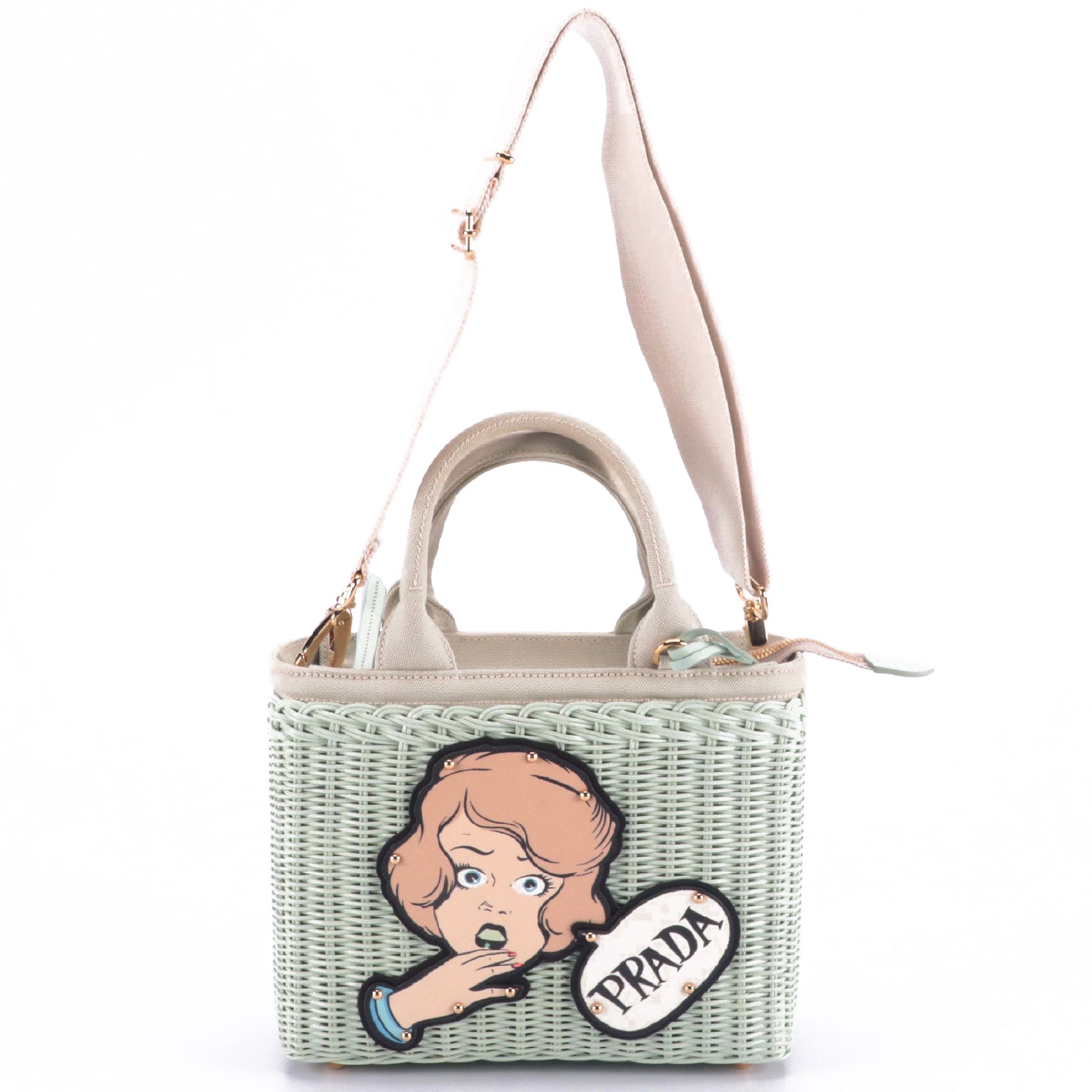 Prada Comic Wicker Basket Bag with Canapa and Applique