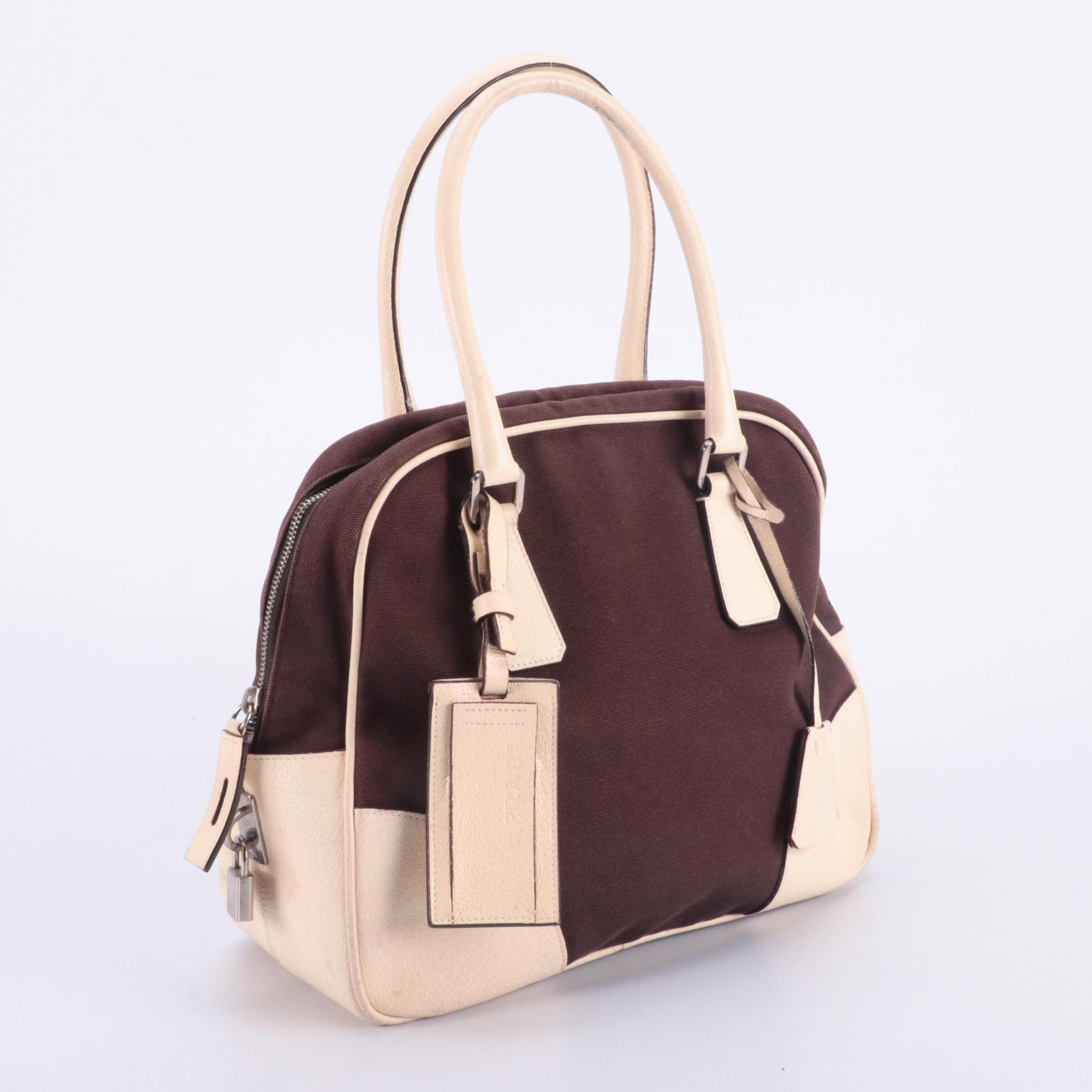 Prada Canapa Bauletto Handbag in White and Brown Canvas