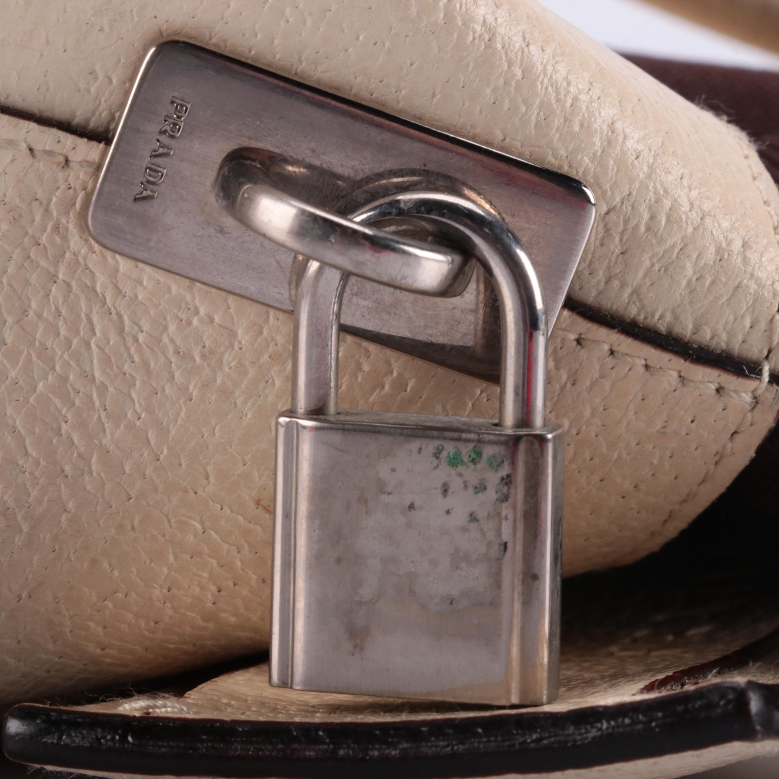 Prada Canapa Bauletto Handbag in White and Brown Canvas