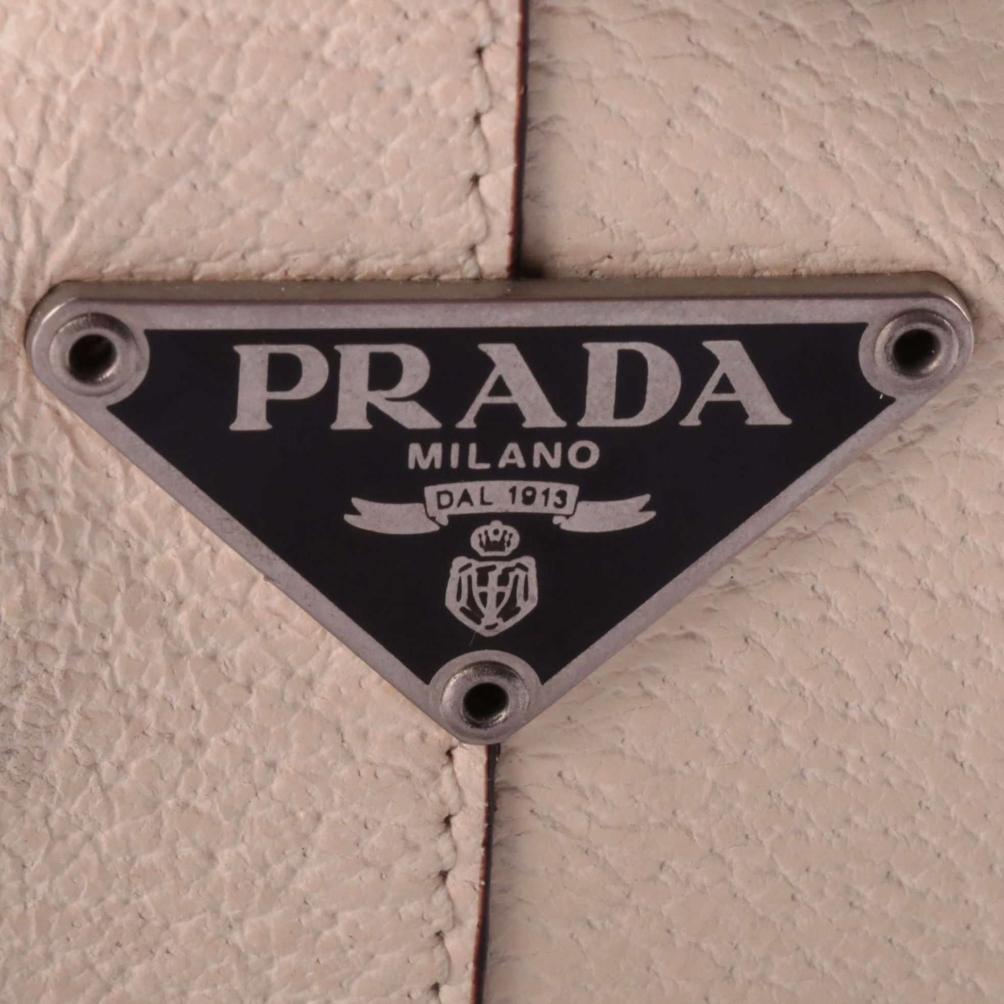Prada Canapa Bauletto Handbag in White and Brown Canvas