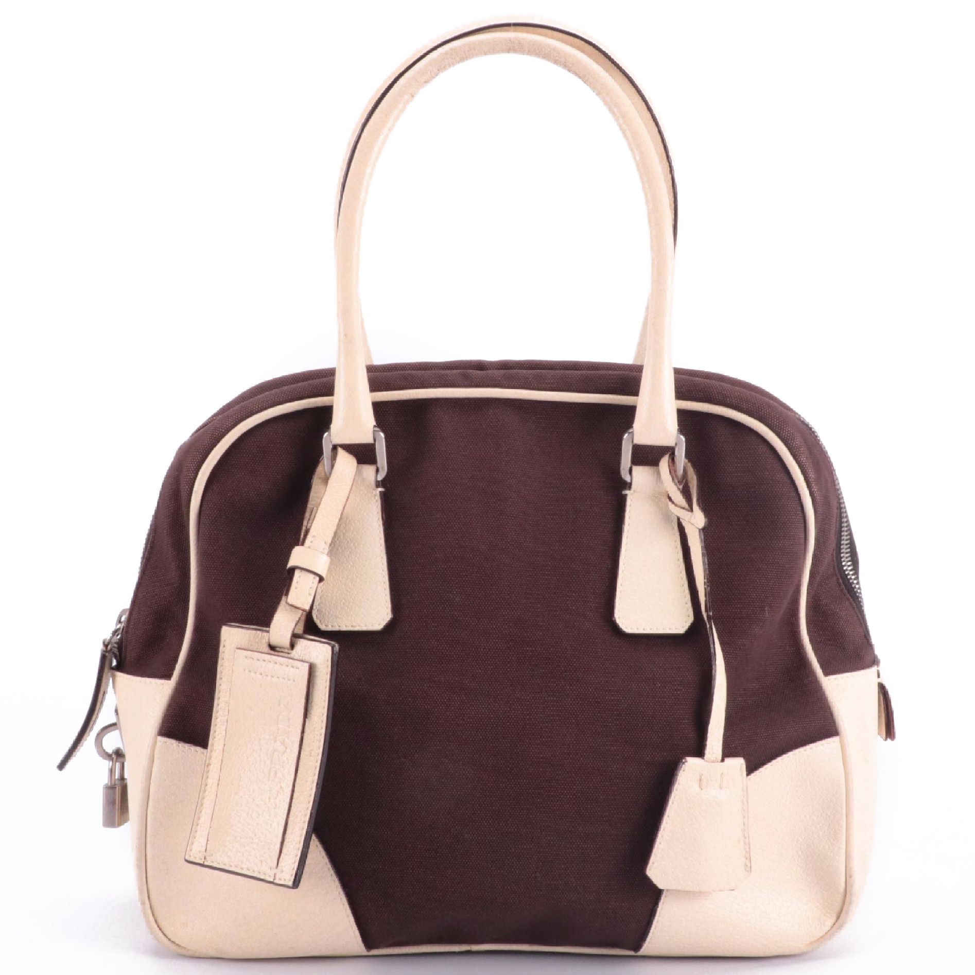 Prada Canapa Bauletto Handbag in White and Brown Canvas