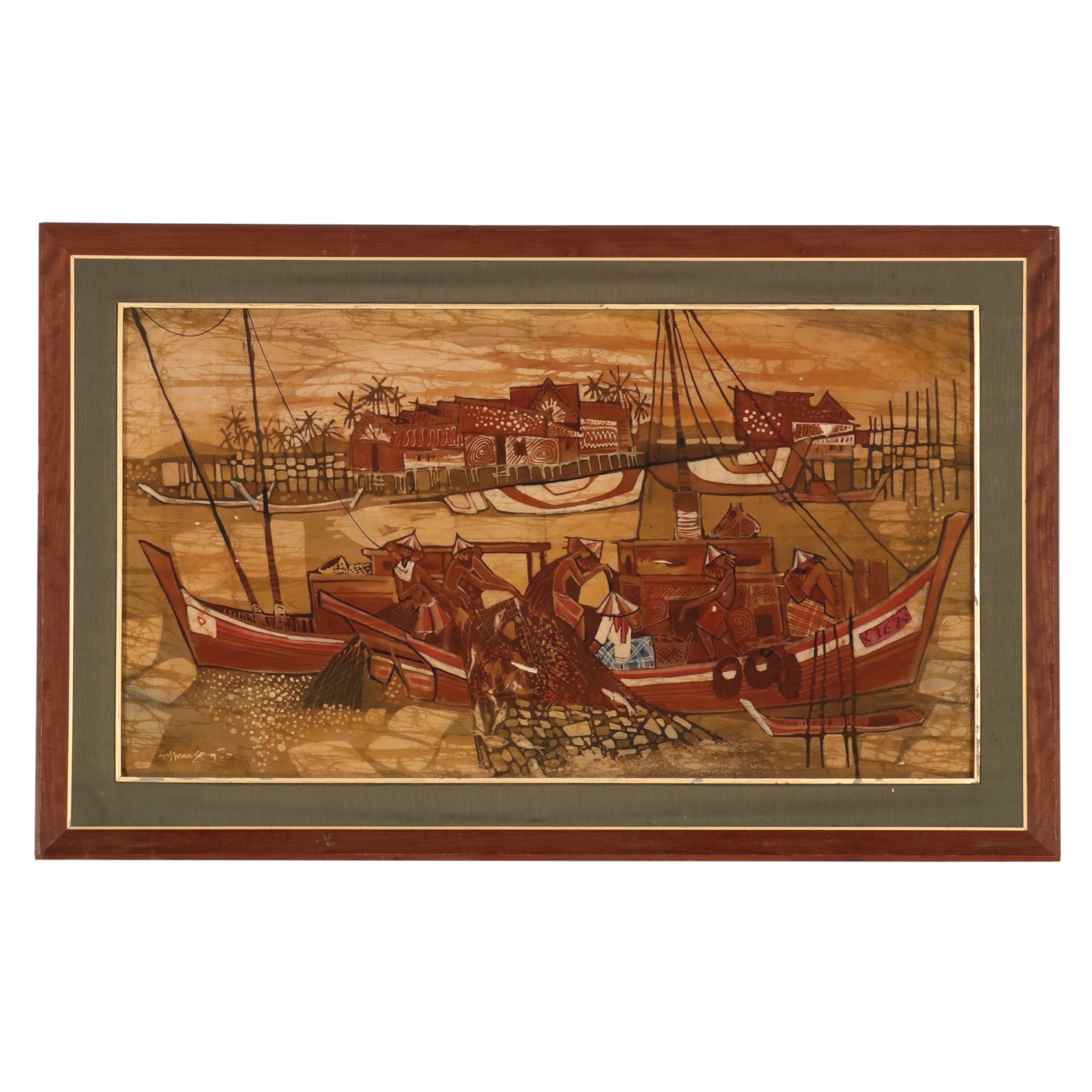 Southeast Asian Batik of Figures In Boats