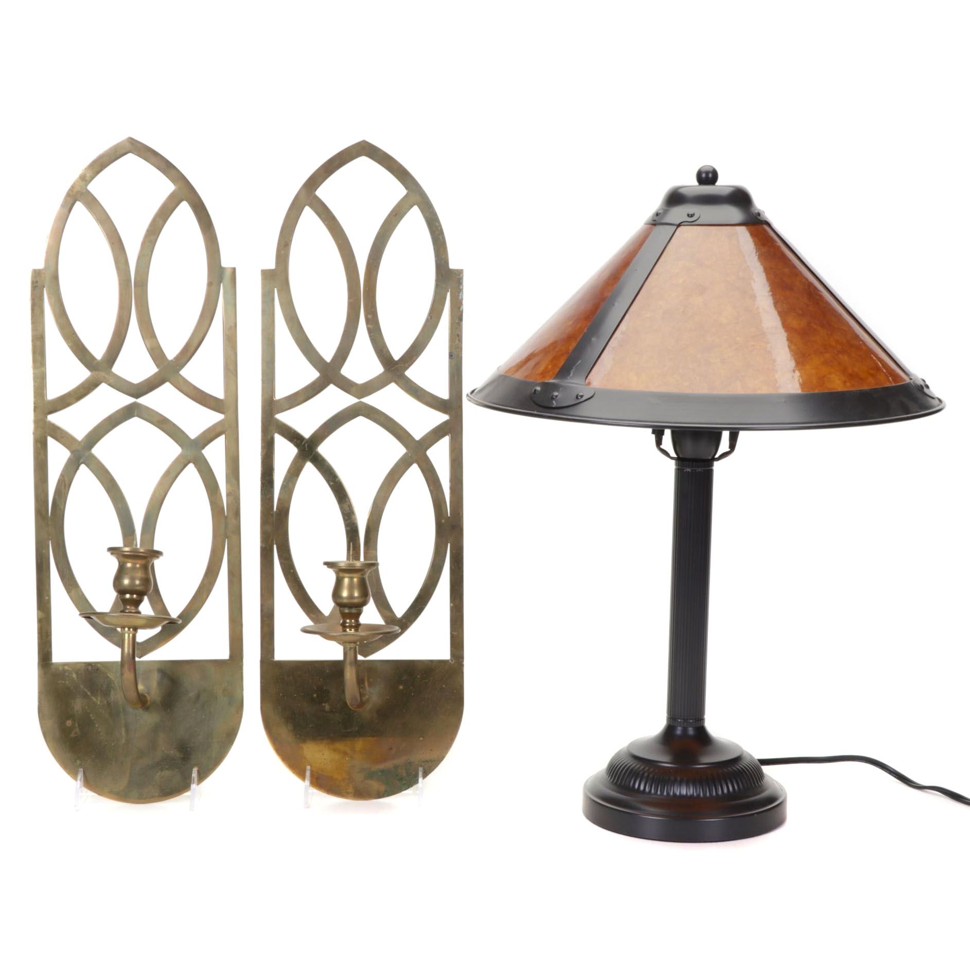 Ribbed Metal Table Lamp with Mica Shade and Pair of Brass Candle Sconces