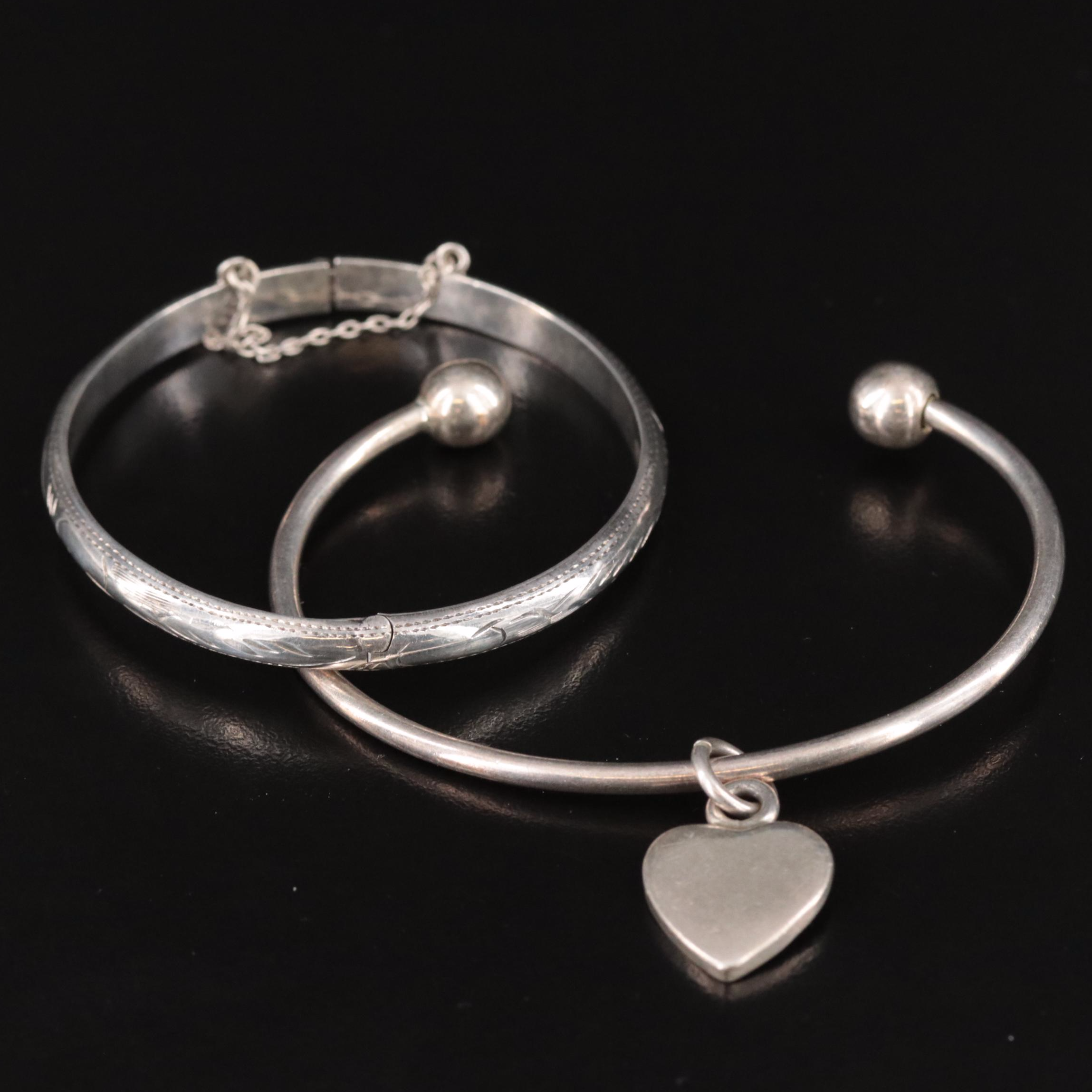 Vintage Hand Engraved Hinged Bangle in Sterling Bracelet Grouping