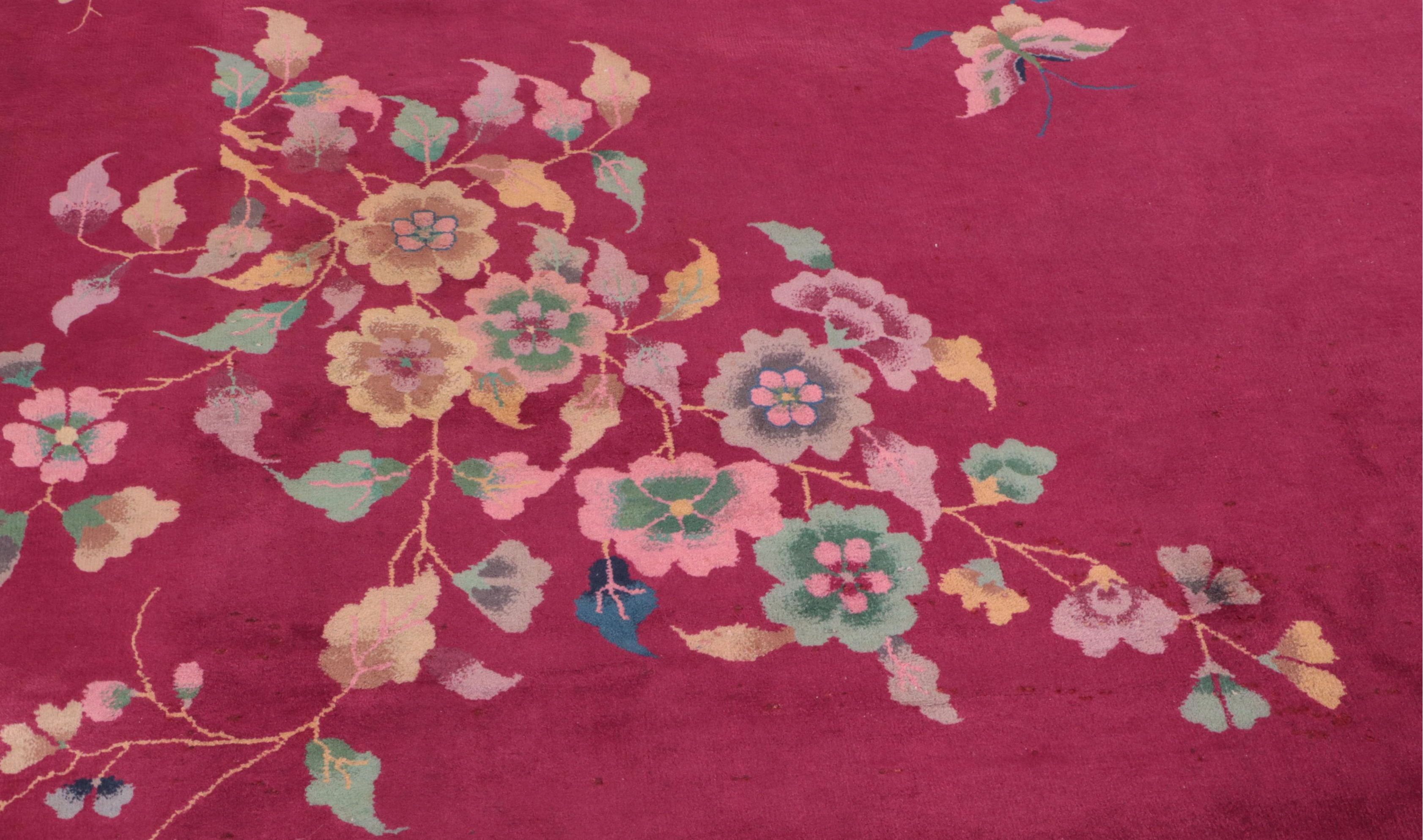 8'9 x 11'6 Hand-Knotted Chinese Art Deco Floral and Bird Theme Area Rug