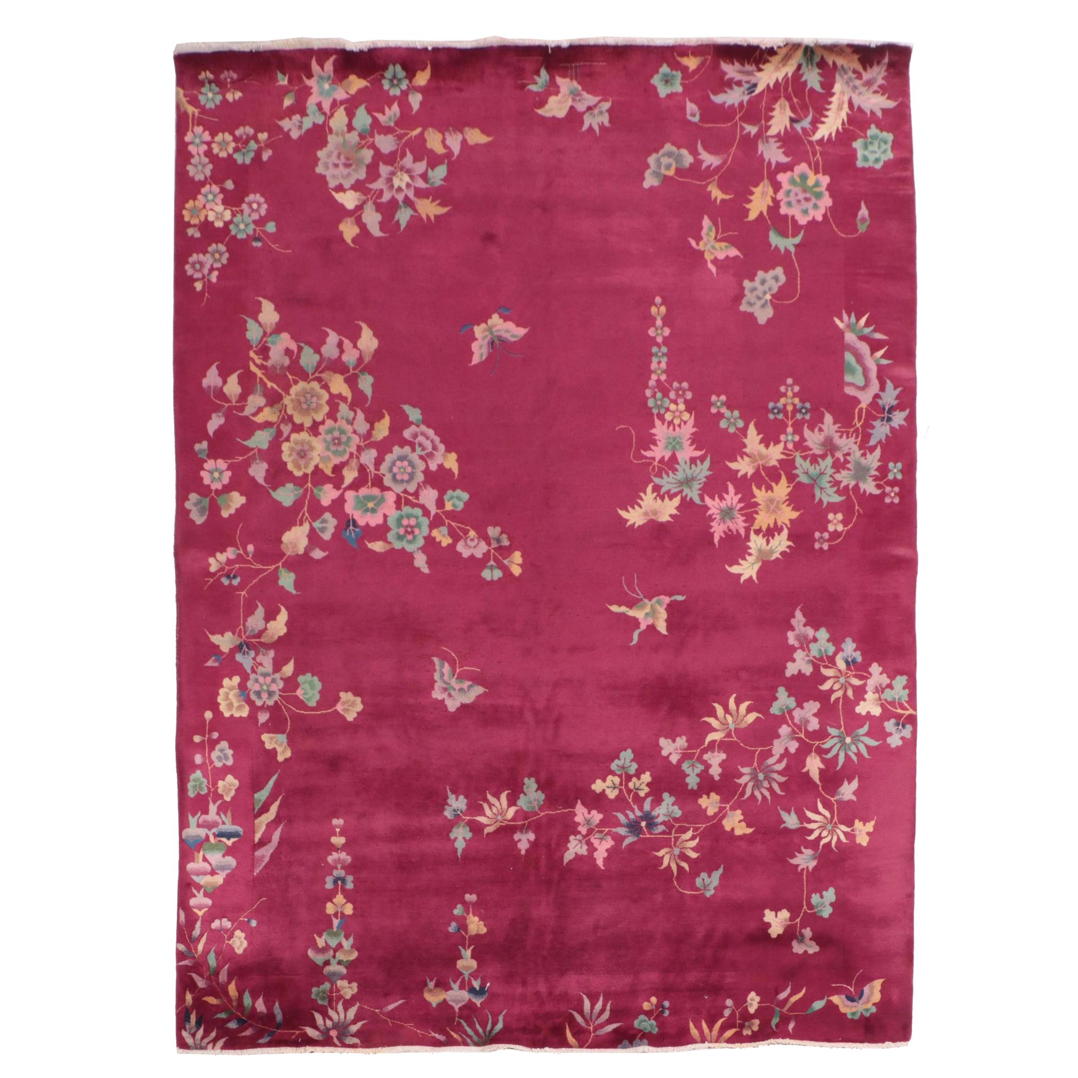 8'9 x 11'6 Hand-Knotted Chinese Art Deco Floral and Bird Theme Area Rug