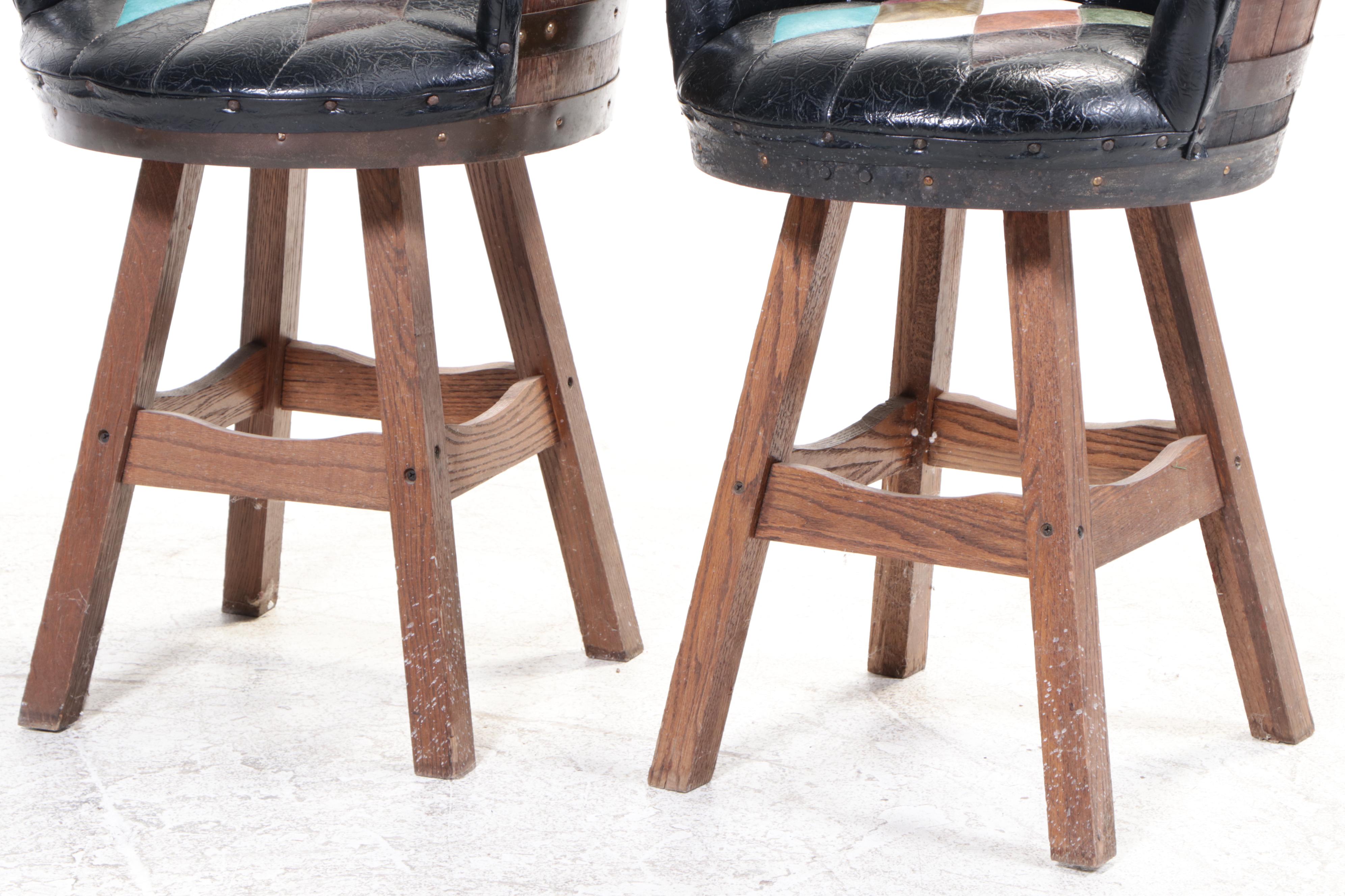 Pair of Brothers Furniture Oak & Vinyl Swivel Whiskey Barrel Counter Stools