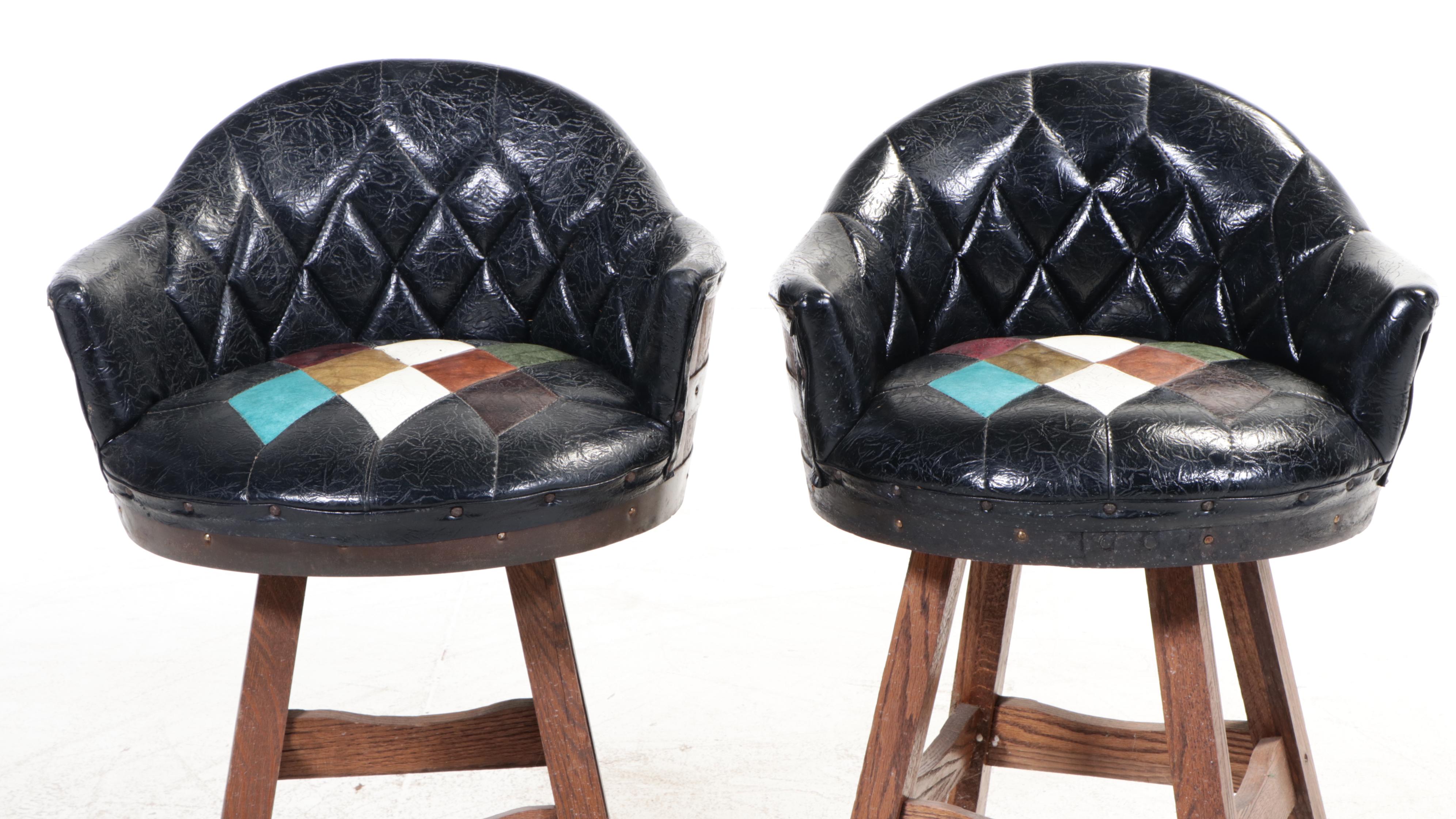 Pair of Brothers Furniture Oak & Vinyl Swivel Whiskey Barrel Counter Stools