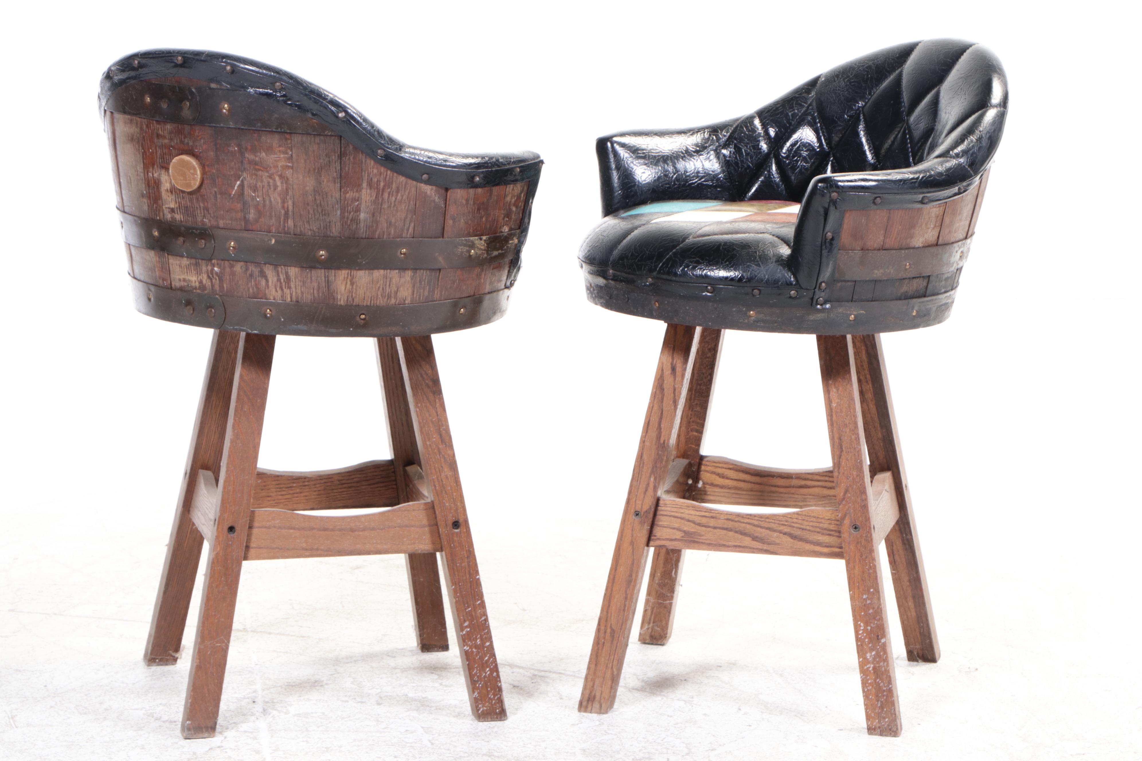 Pair of Brothers Furniture Oak & Vinyl Swivel Whiskey Barrel Counter Stools