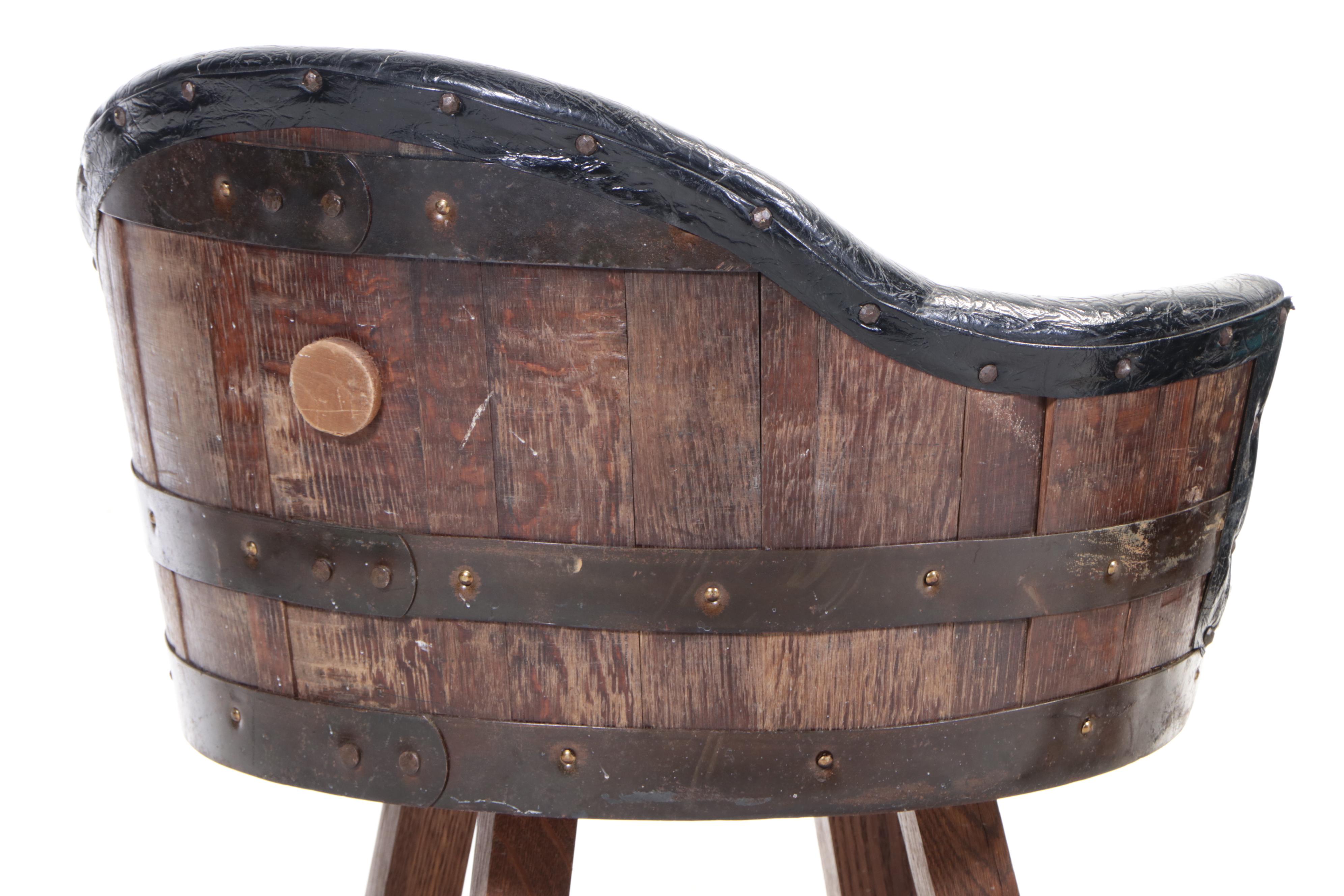 Pair of Brothers Furniture Oak & Vinyl Swivel Whiskey Barrel Counter Stools