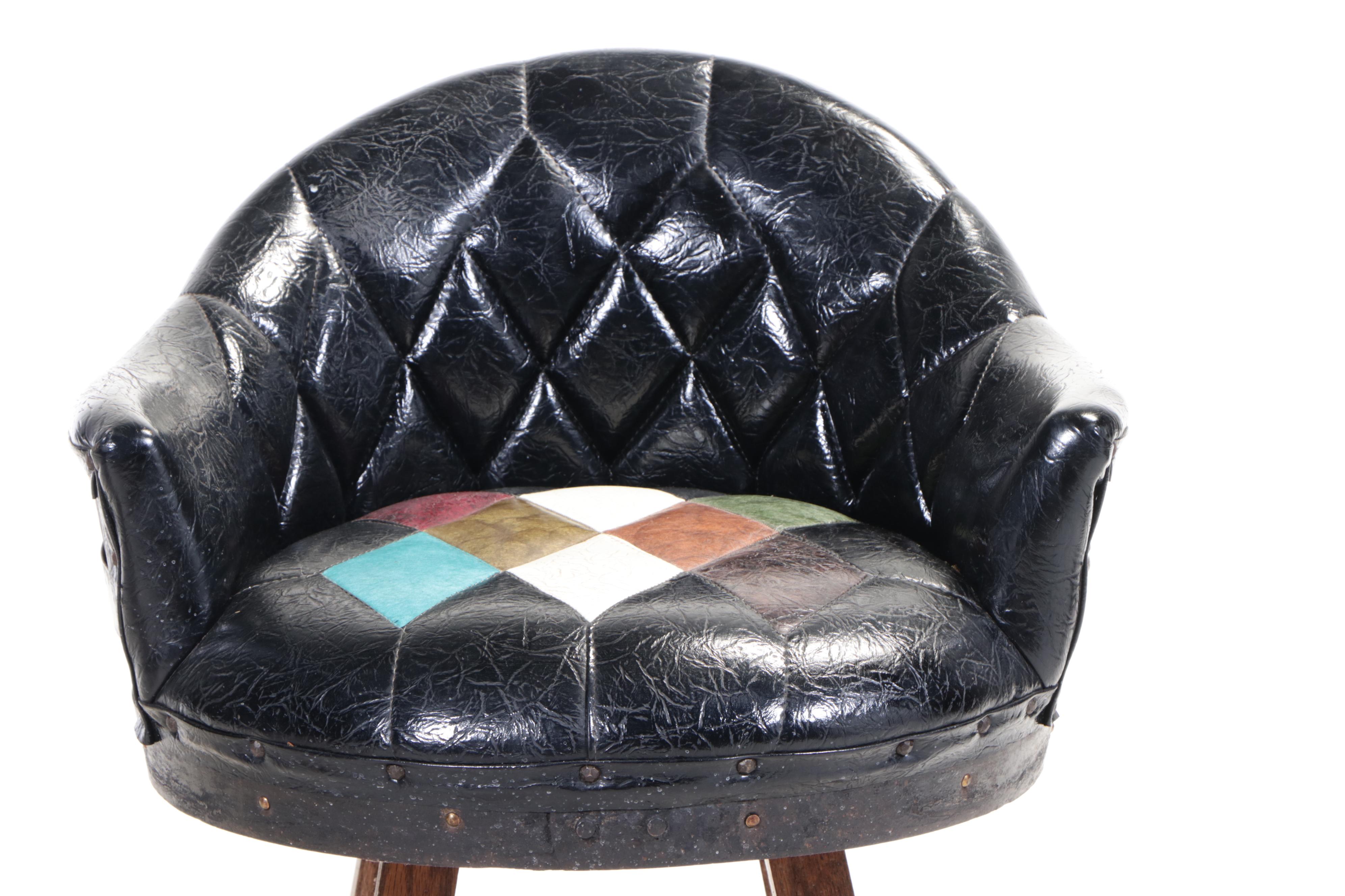 Pair of Brothers Furniture Oak & Vinyl Swivel Whiskey Barrel Counter Stools