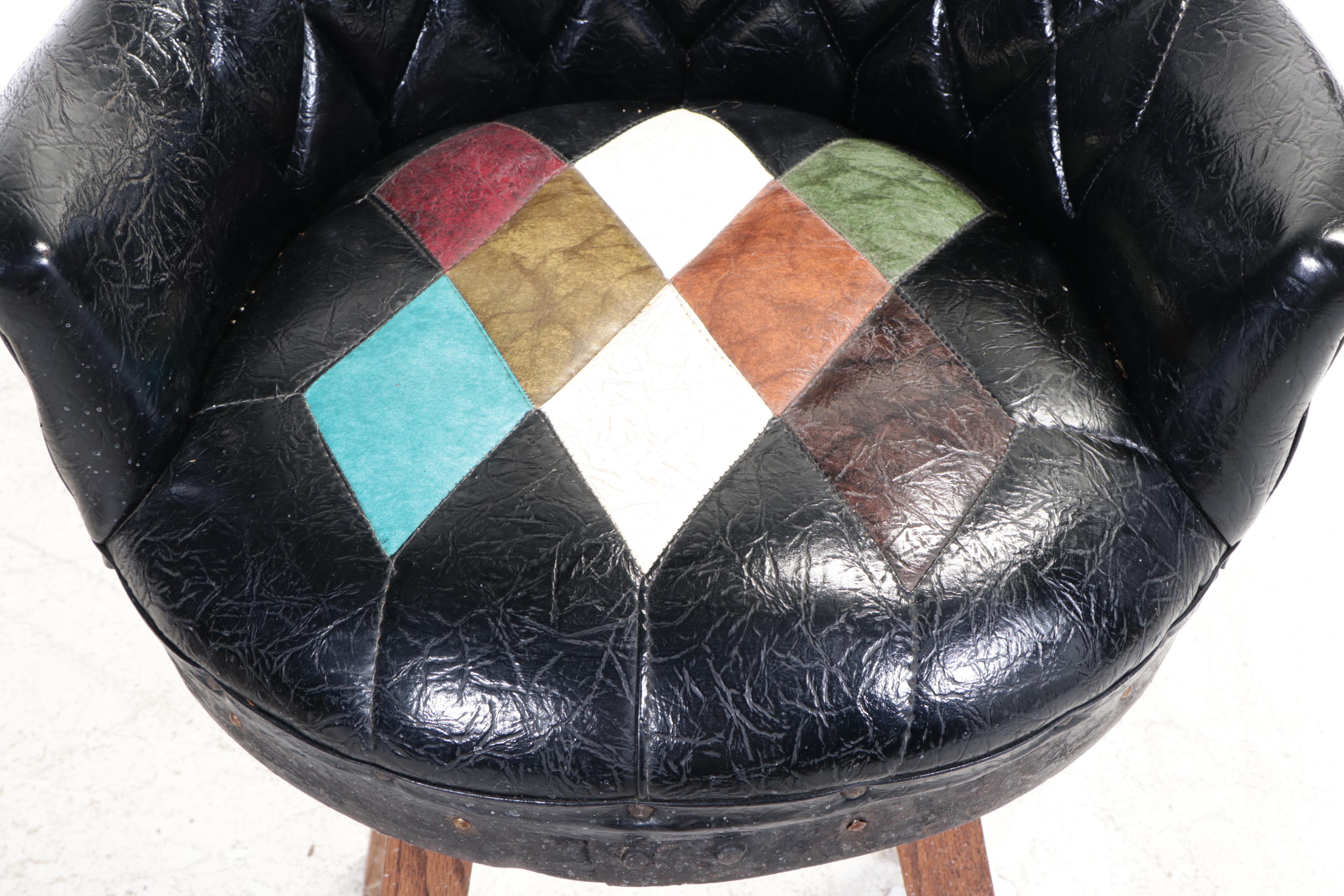 Pair of Brothers Furniture Oak & Vinyl Swivel Whiskey Barrel Counter Stools