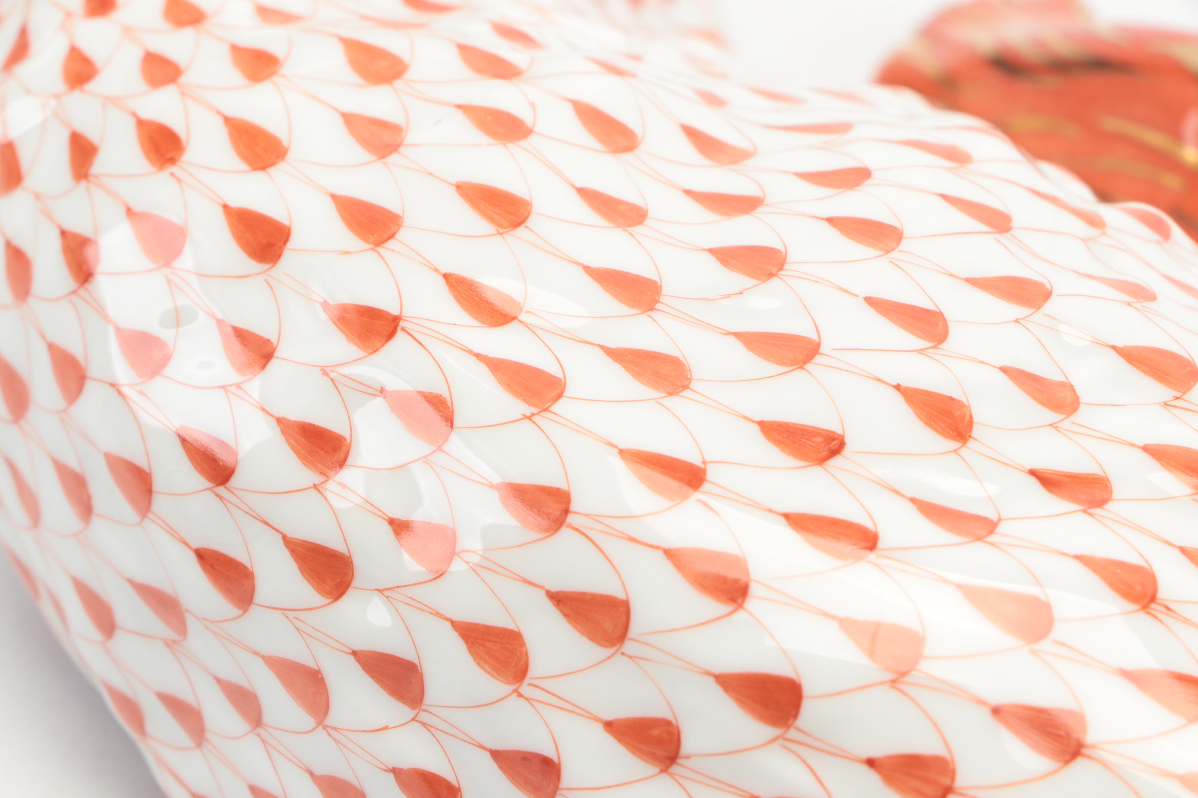 Herend Green Fishnet with Gold "Lying Cat" Porcelain Figurine, 1997