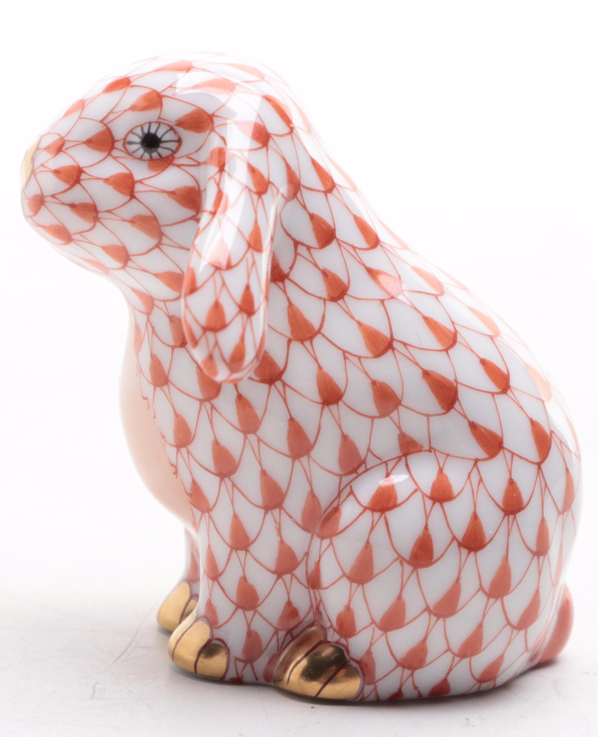 Herend Rust Fishnet with Gold "Lop Ear Bunny" Porcelain Figurine