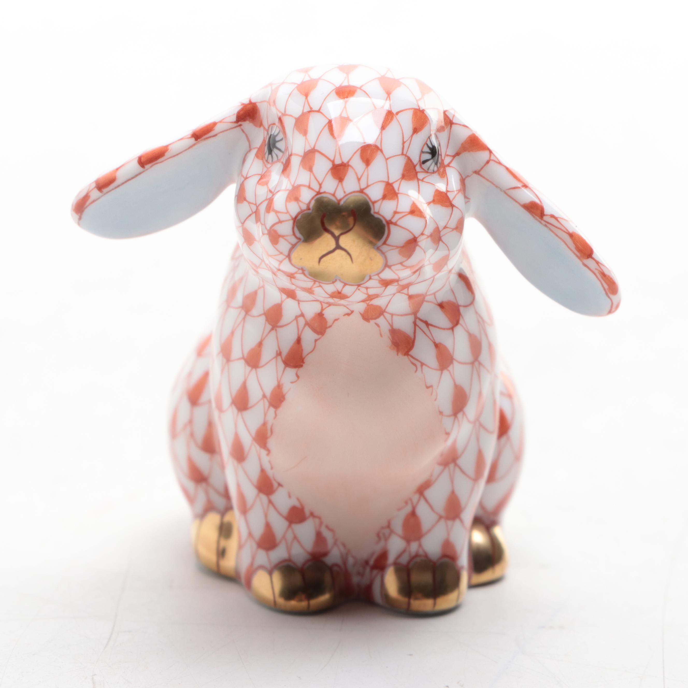 Herend Rust Fishnet with Gold "Lop Ear Bunny" Porcelain Figurine