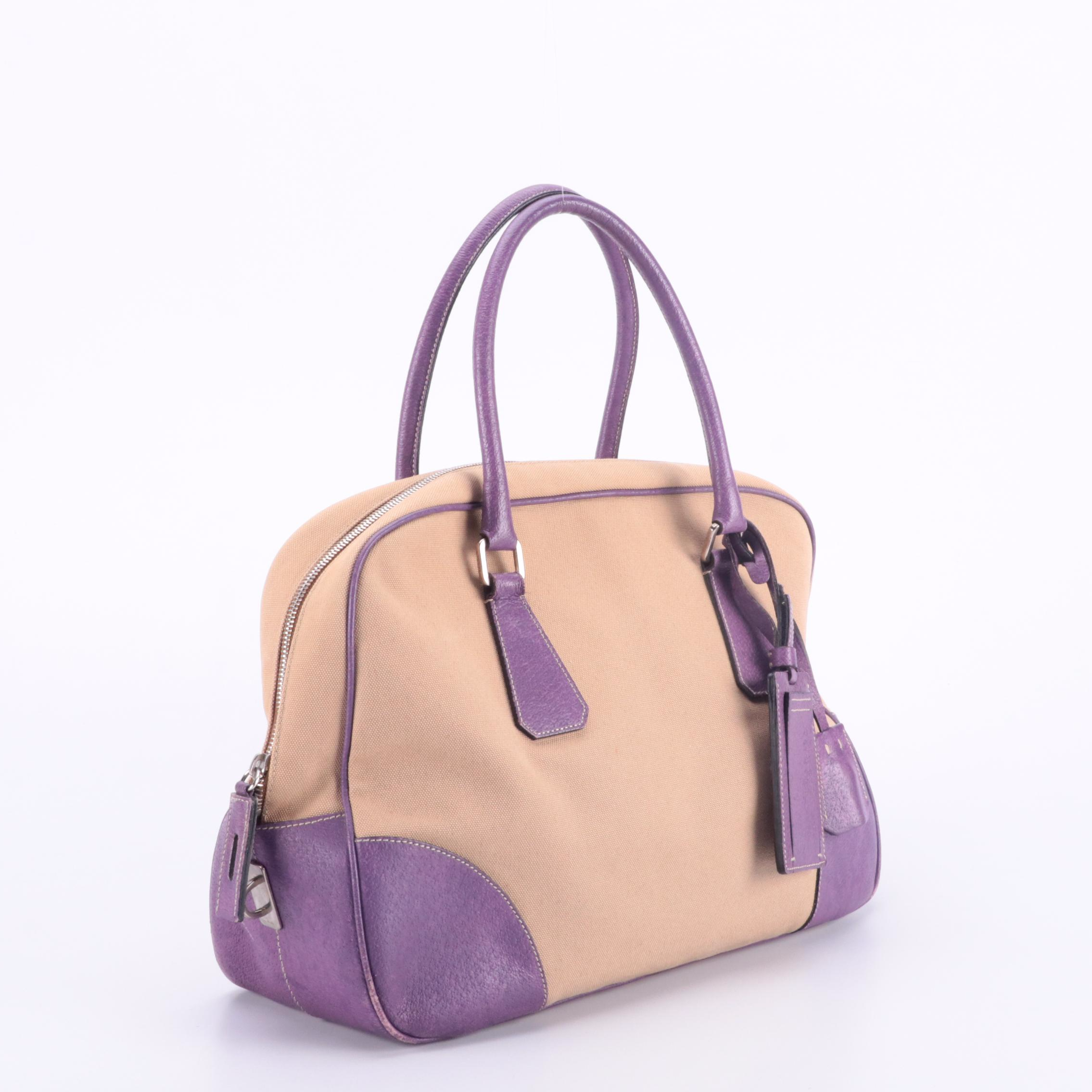 Prada Vintage Canapa Cinghiale Canvas and Leather Bowling Handbag