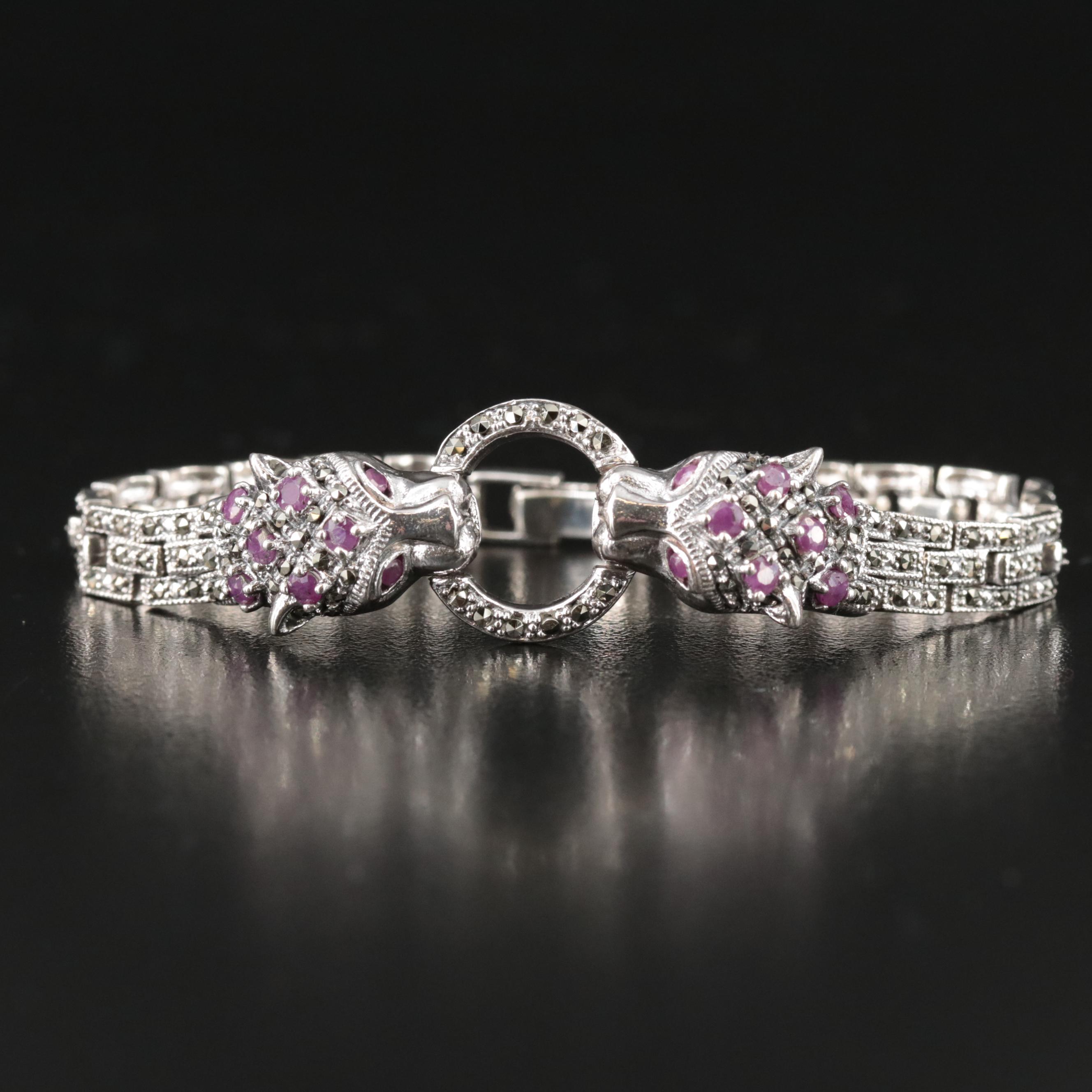 Sterling Ruby and Marcasite Door Knocker Lion Bracelet