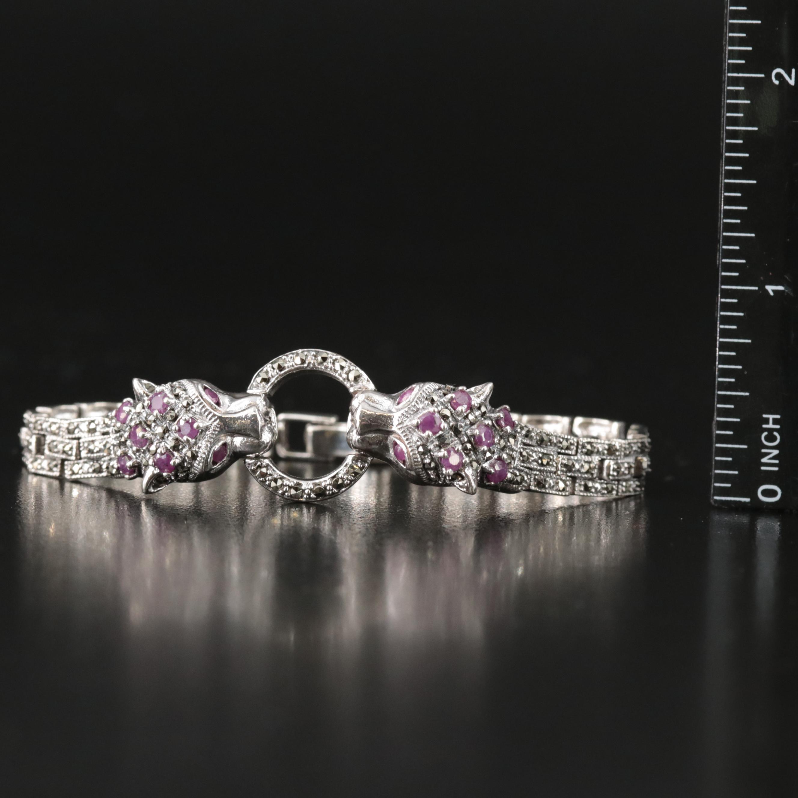 Sterling Ruby and Marcasite Door Knocker Lion Bracelet