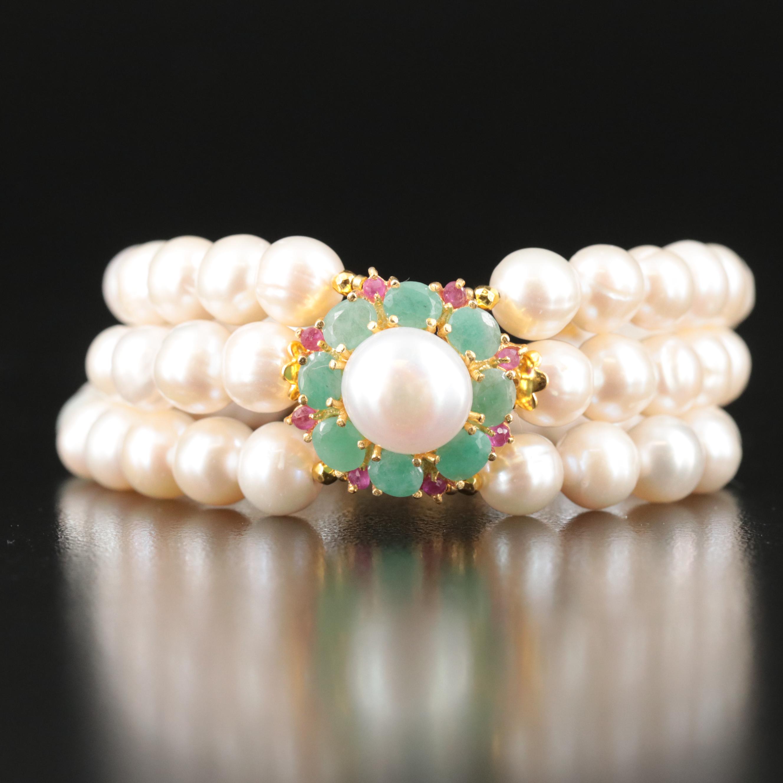 Sterling Pearl, Emerald and Ruby Pendant Bracelet