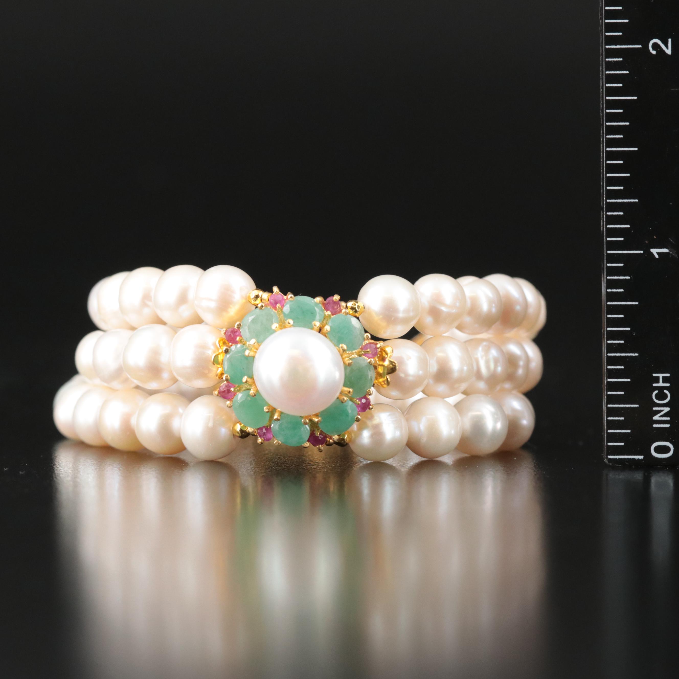 Sterling Pearl, Emerald and Ruby Pendant Bracelet