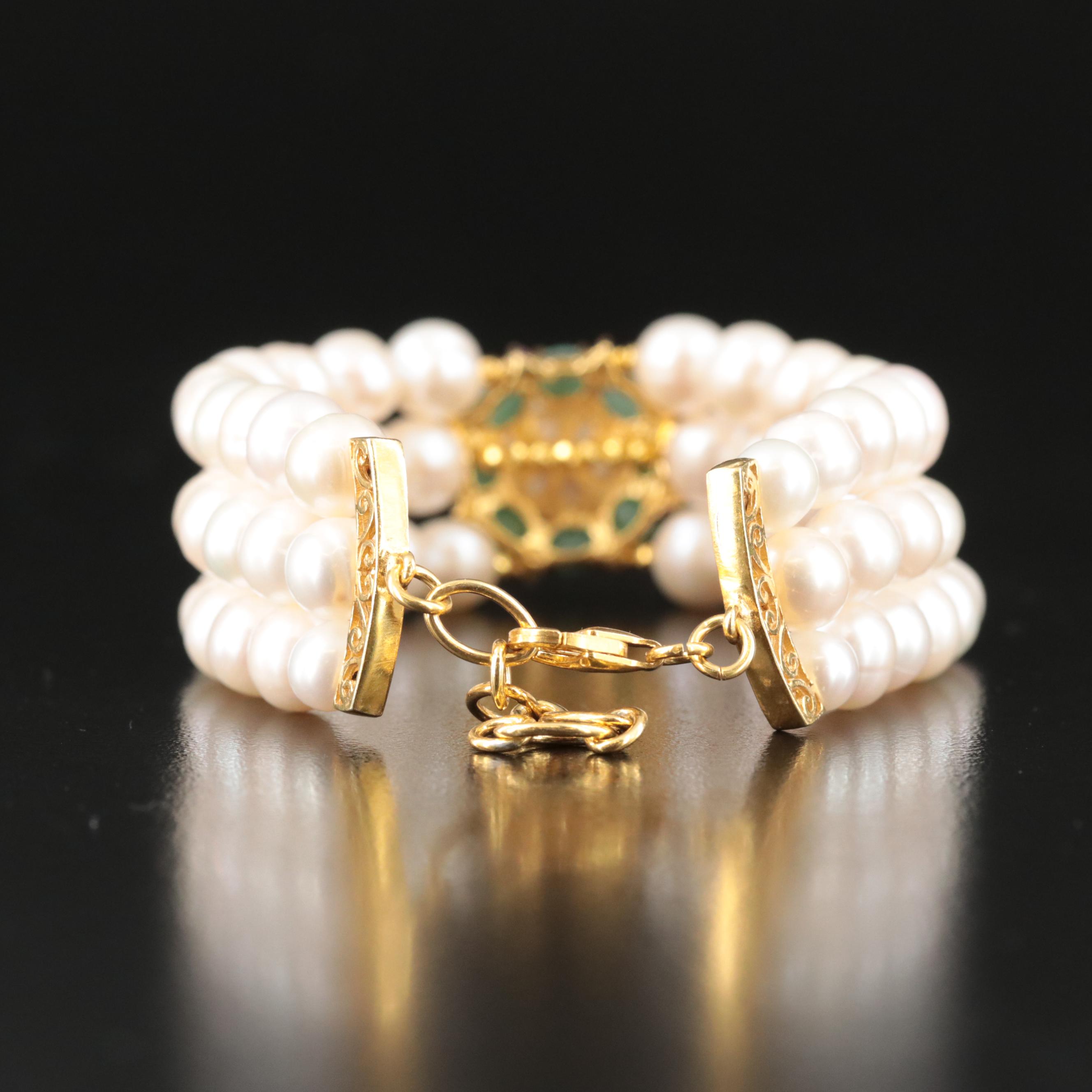 Sterling Pearl, Emerald and Ruby Pendant Bracelet