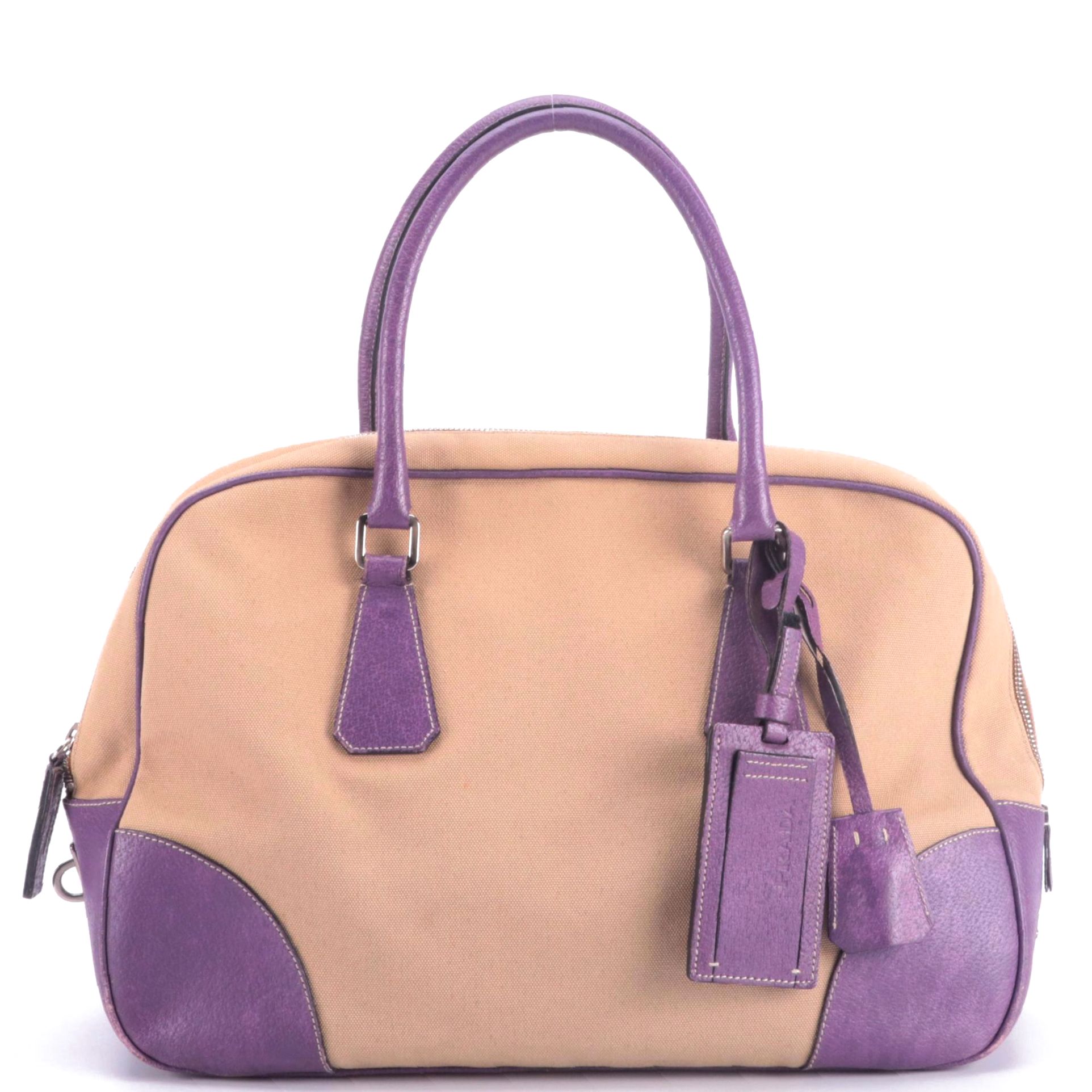 Prada Vintage Canapa Cinghiale Canvas and Leather Bowling Handbag