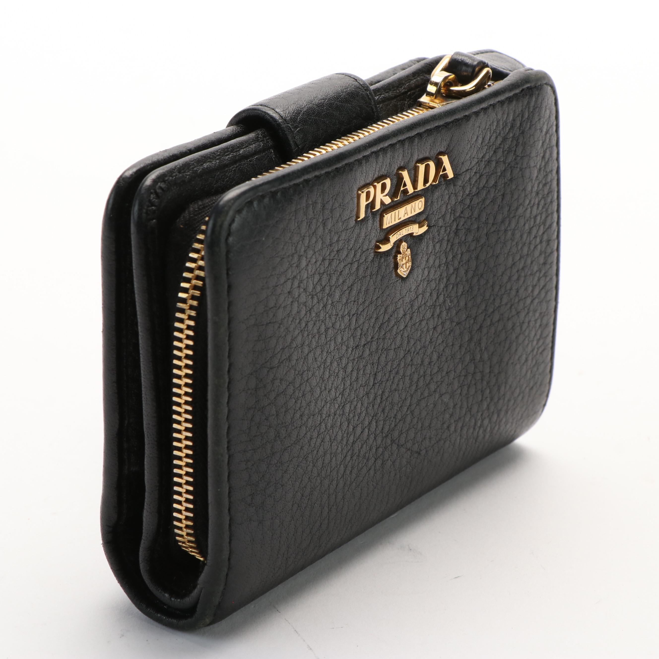 Prada Compact Zip-Around Wallet in Black Saffiano Leather