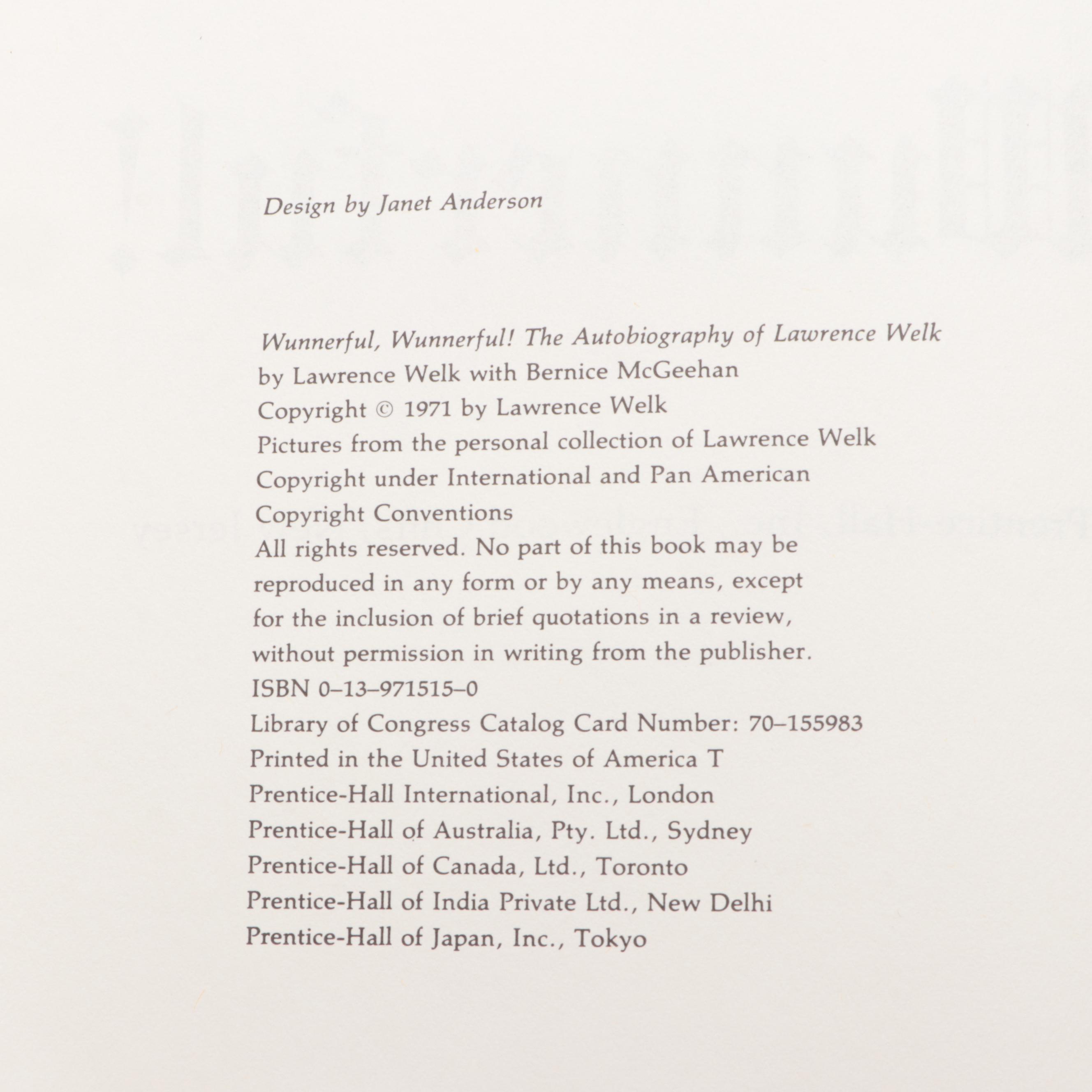 Signed "Wunnerful, Wunnerful!" by Lawrence Welk and Bernice McGeehan, 1971